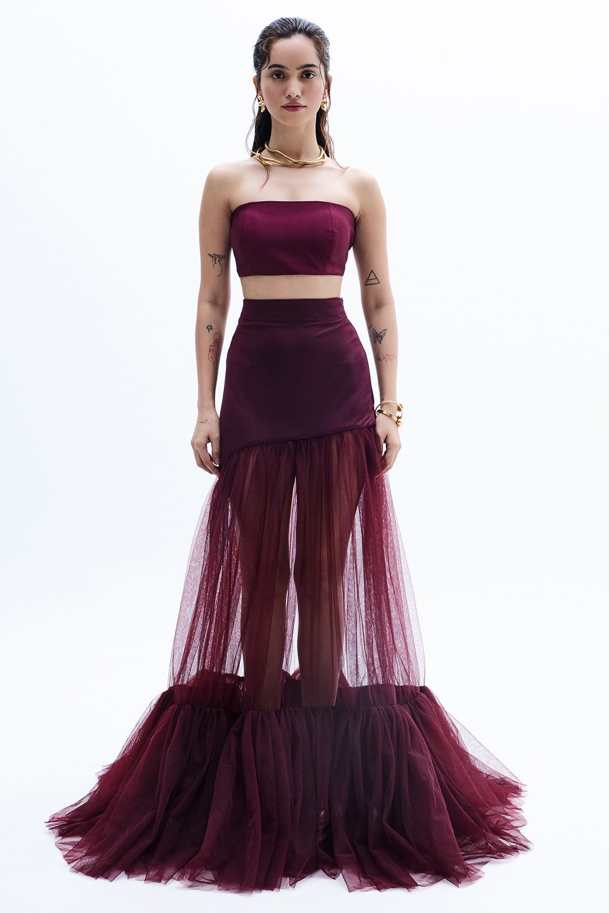 Buy Maroon Soft Net Top And Skirt for women by GKDedit online available at scrollnshops