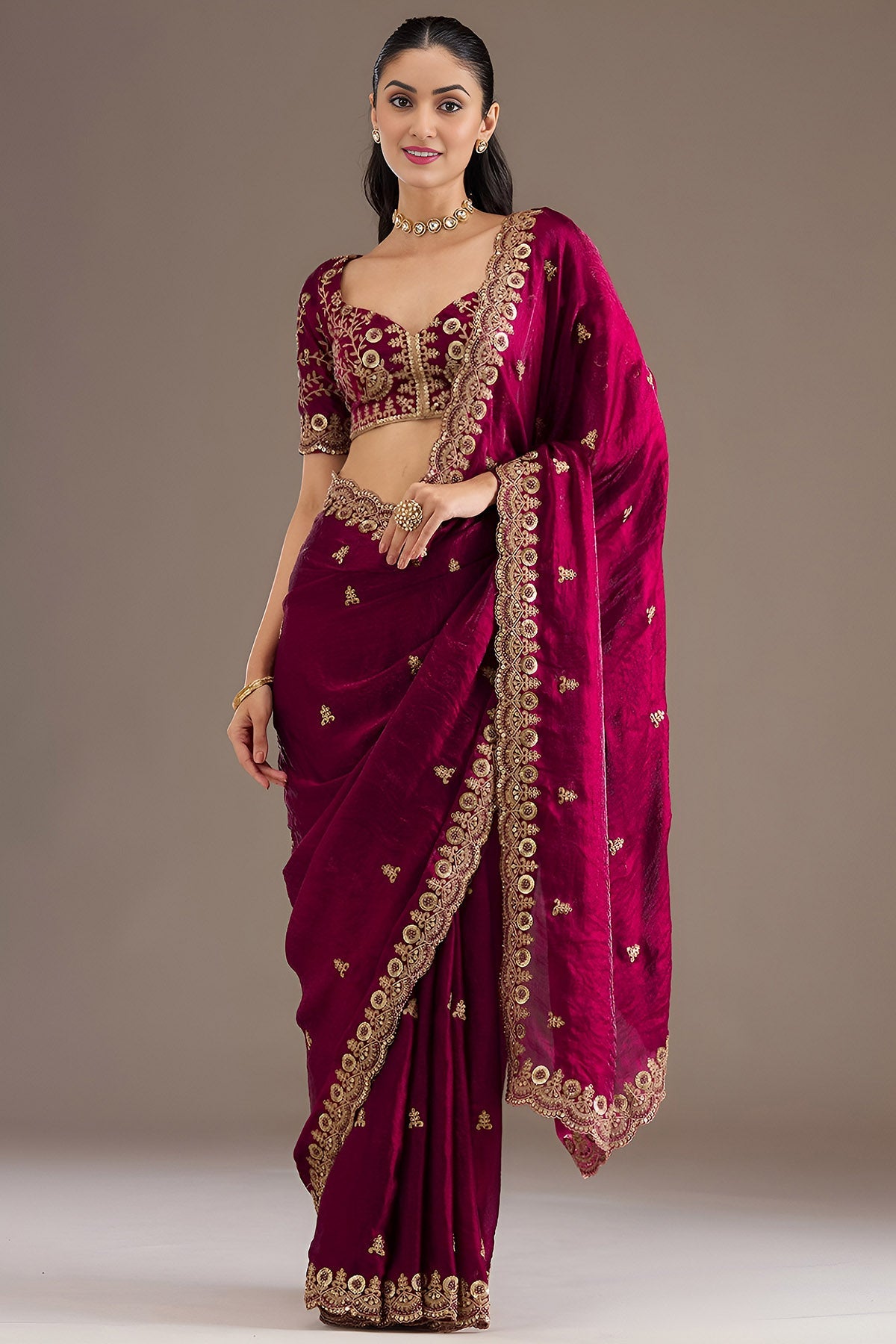Buy Maroon Tissue Dori & Zari Saree for women by Aastha Fashion online available at scrollnshops