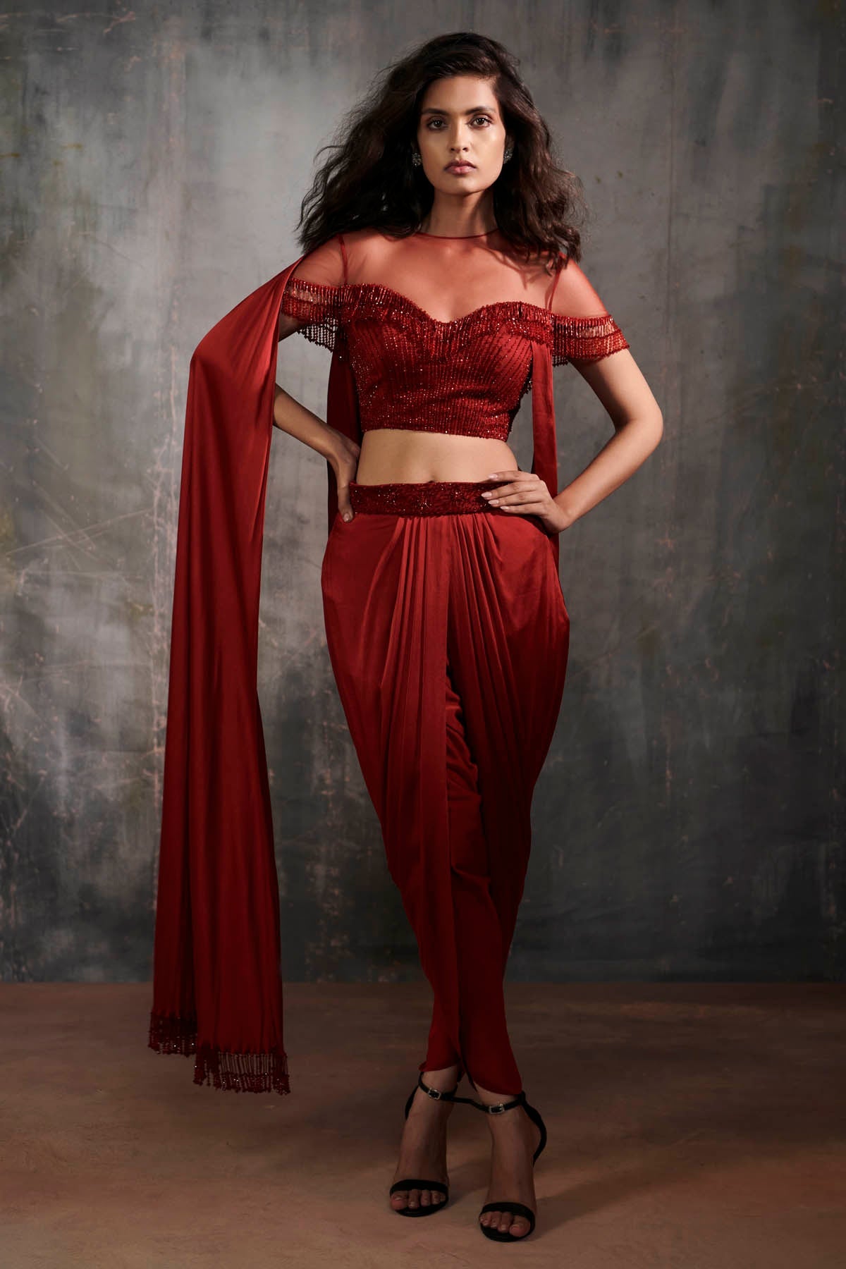 Anjali Kanwar Maroon Top & Drape Dhoti Pants for women online at ScrollnShops