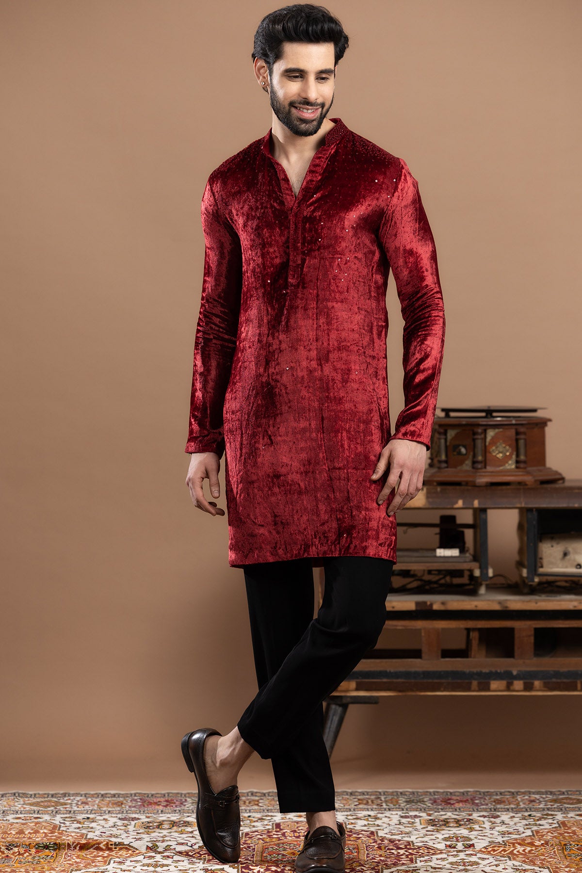 Maroon Velvet Cutdana Kurta Set