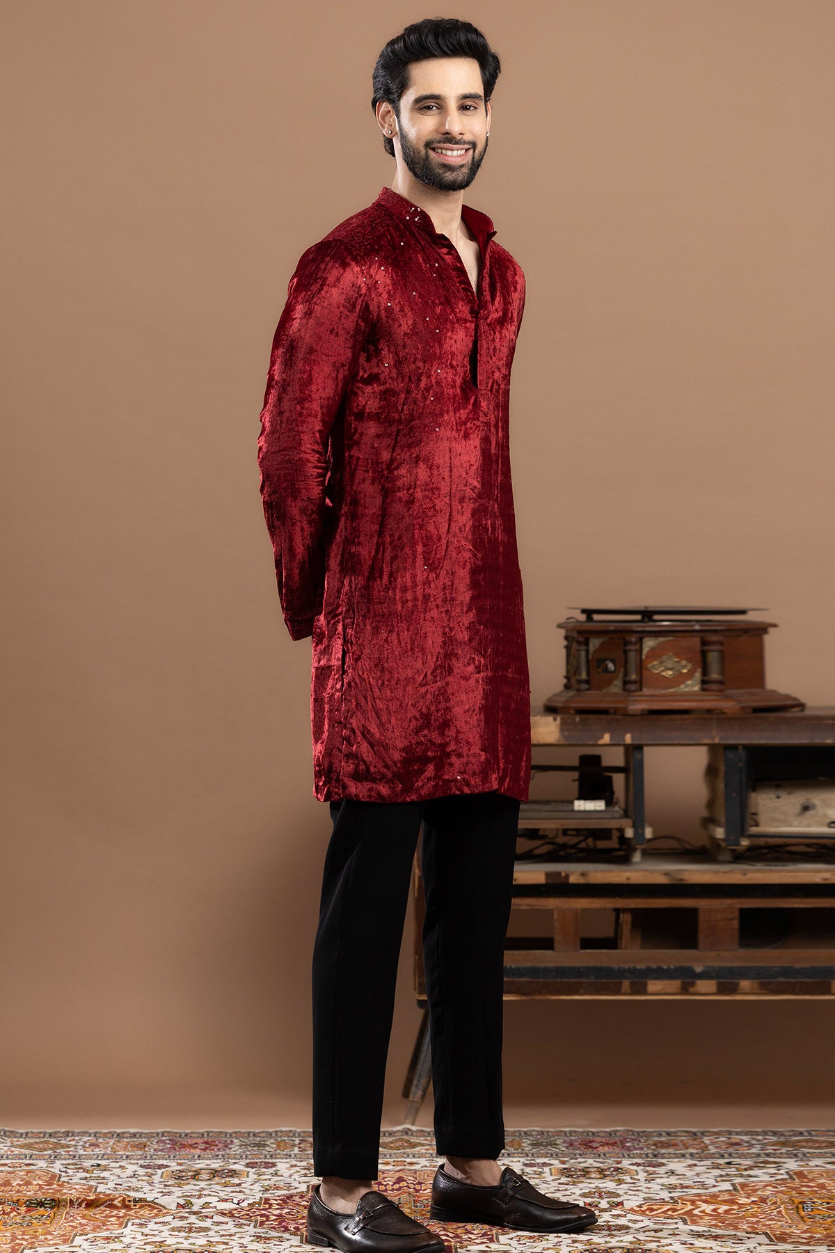 Maroon Velvet Cutdana Kurta Set