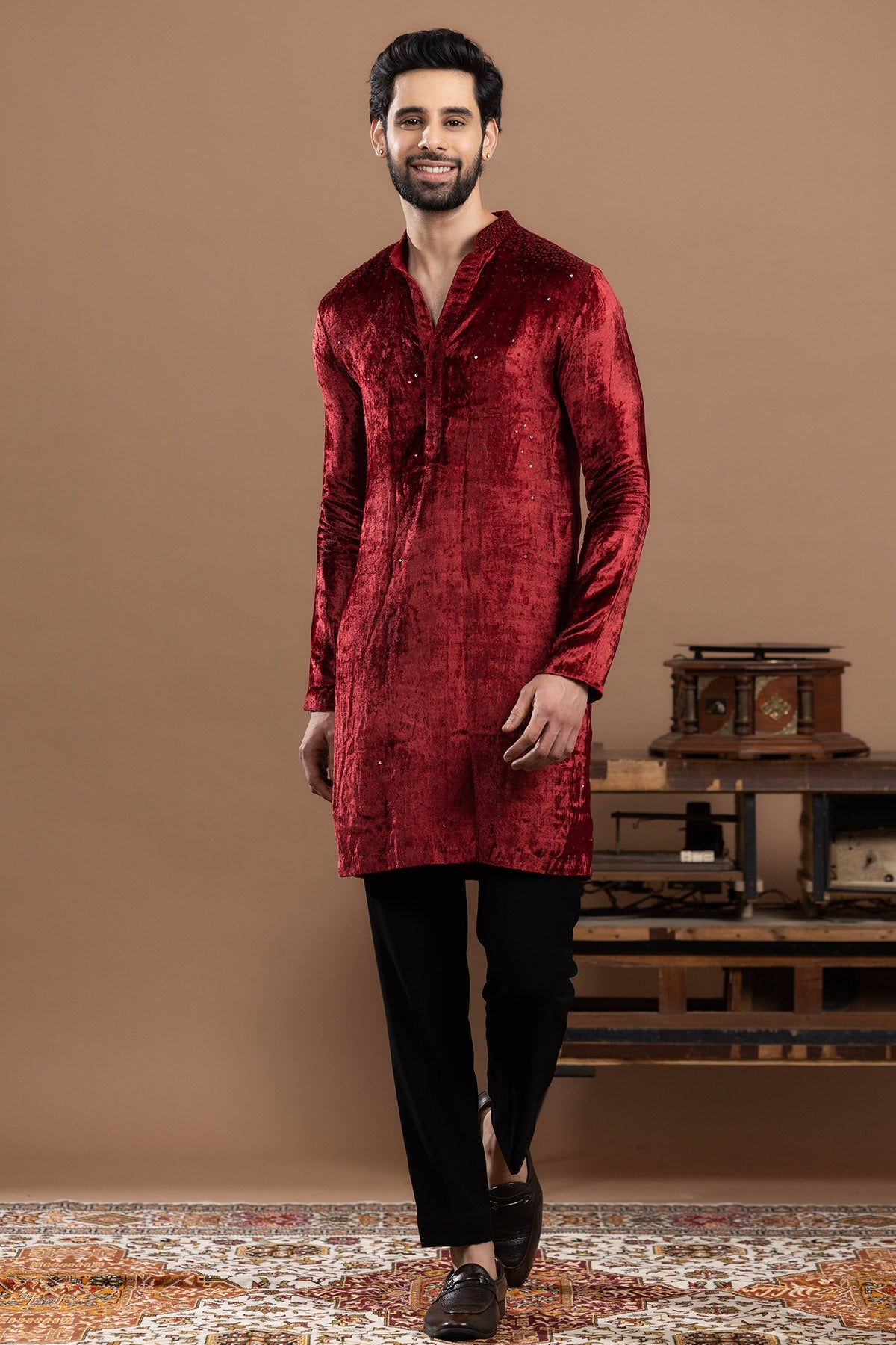 Buy Maroon Velvet Cutdana Kurta Set for women by Rivaaj Couture online available at scrollnshops