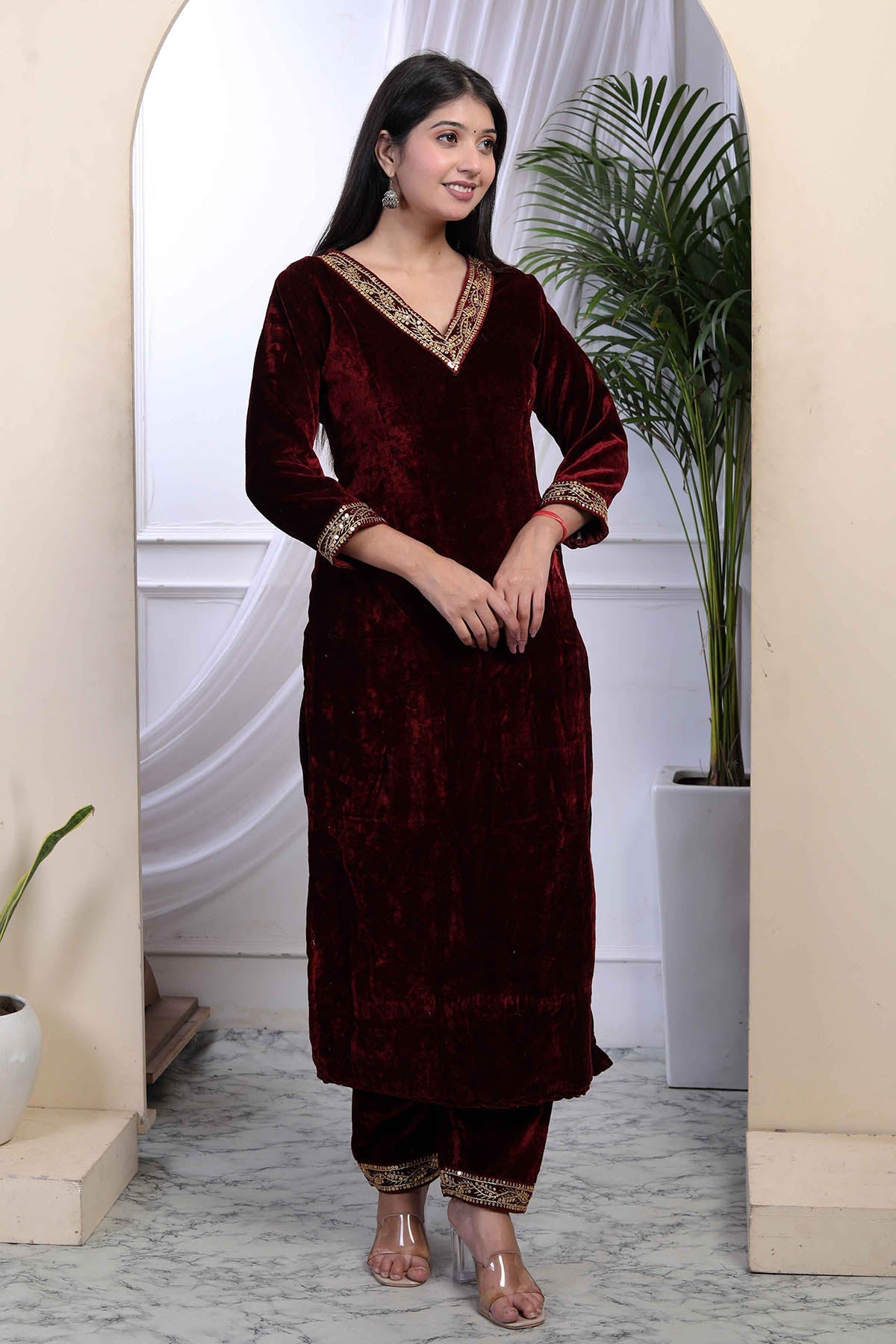 Buy Maroon Velvet Kurta & Palazzo by Miravan for women online at ScrollnShops