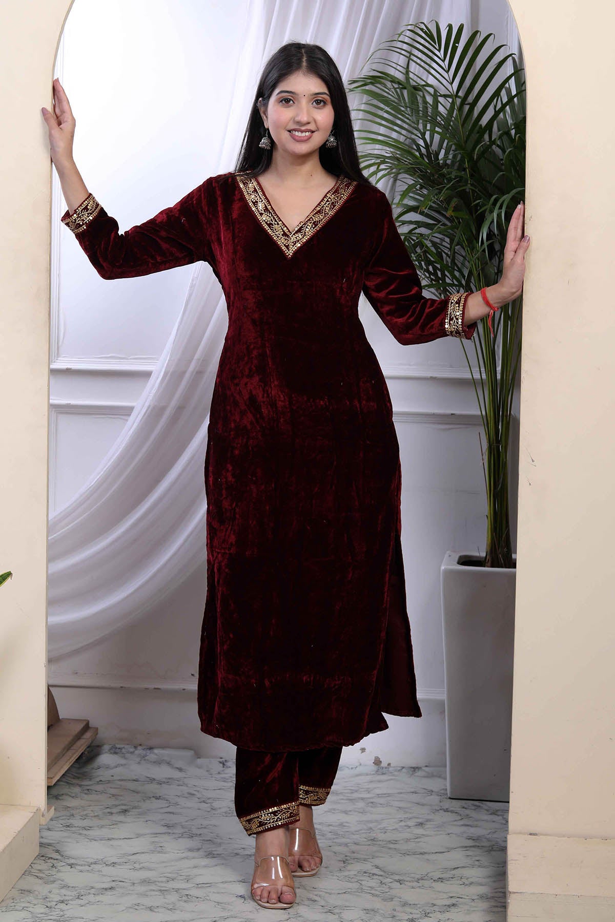 Maroon Velvet Kurta & Palazzo