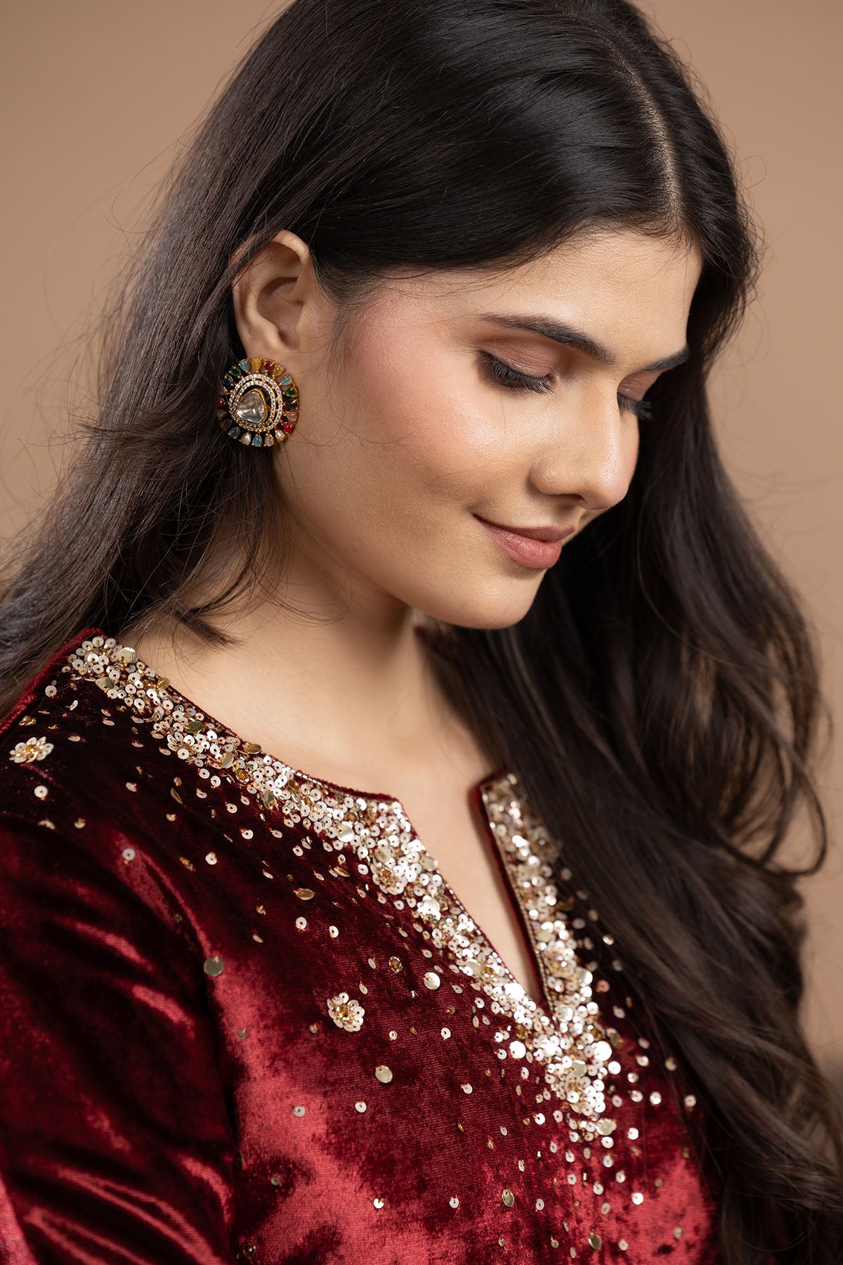 Maroon Velvet Sequins Kurta Set