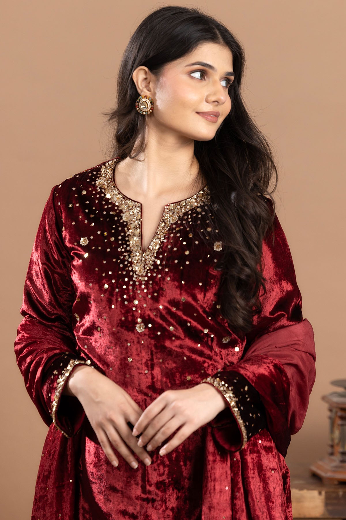 Maroon Velvet Sequins Kurta Set