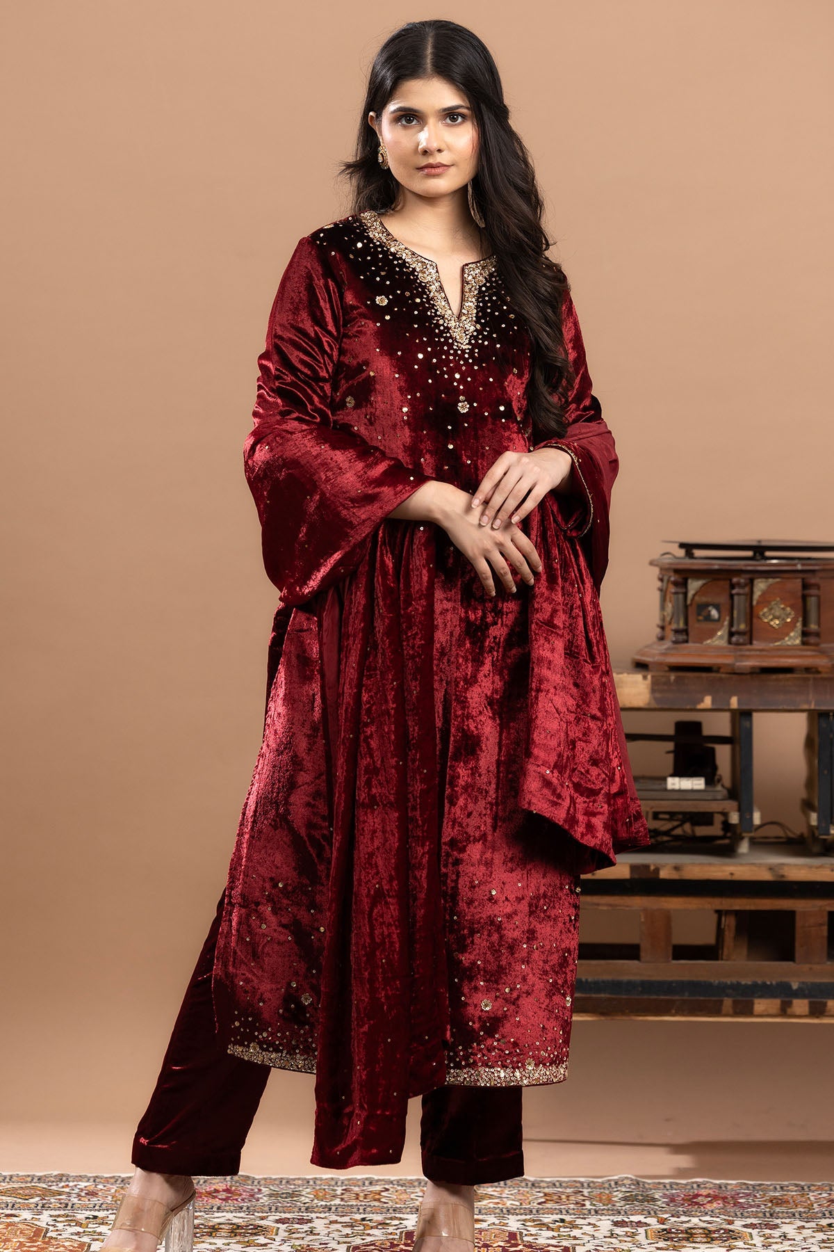 Buy Maroon Velvet Sequins Kurta Set for women by Rivaaj Couture online available at scrollnshops