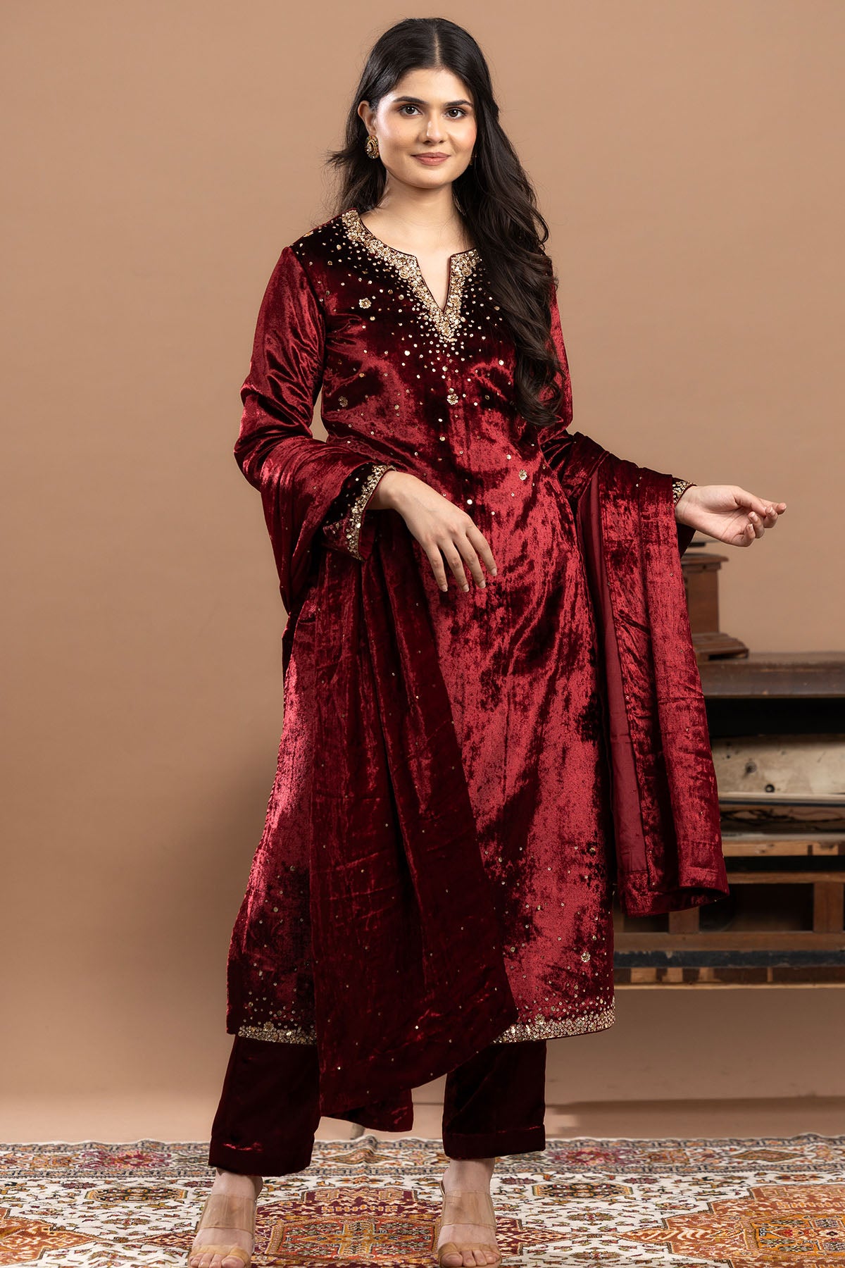 Maroon Velvet Sequins Kurta Set
