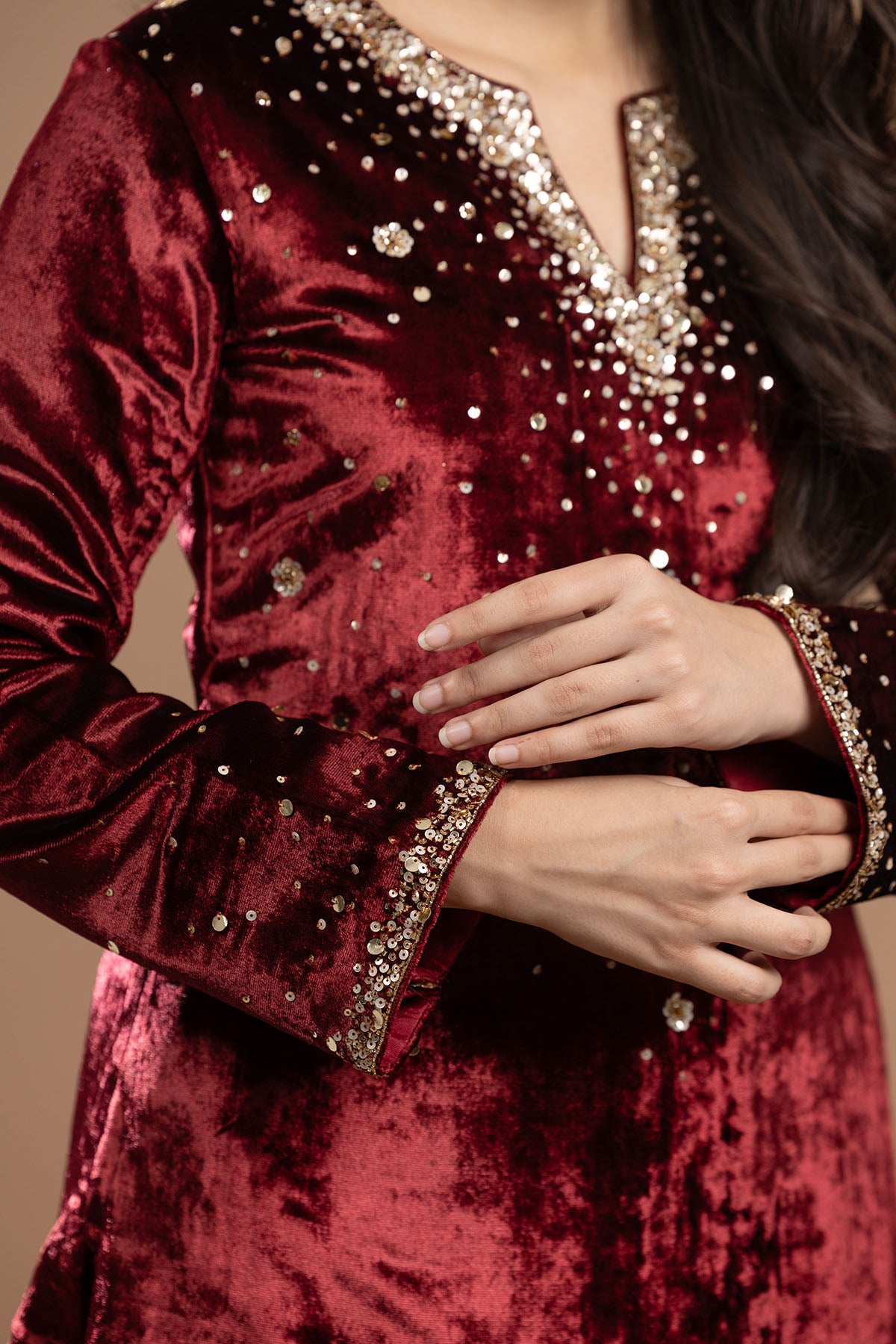 Maroon Velvet Sequins Kurta Set