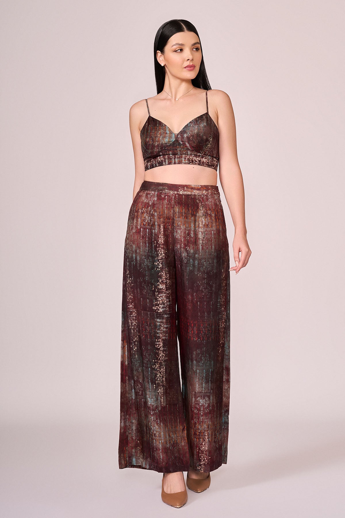 Maroon Viscose Print Jacket Set