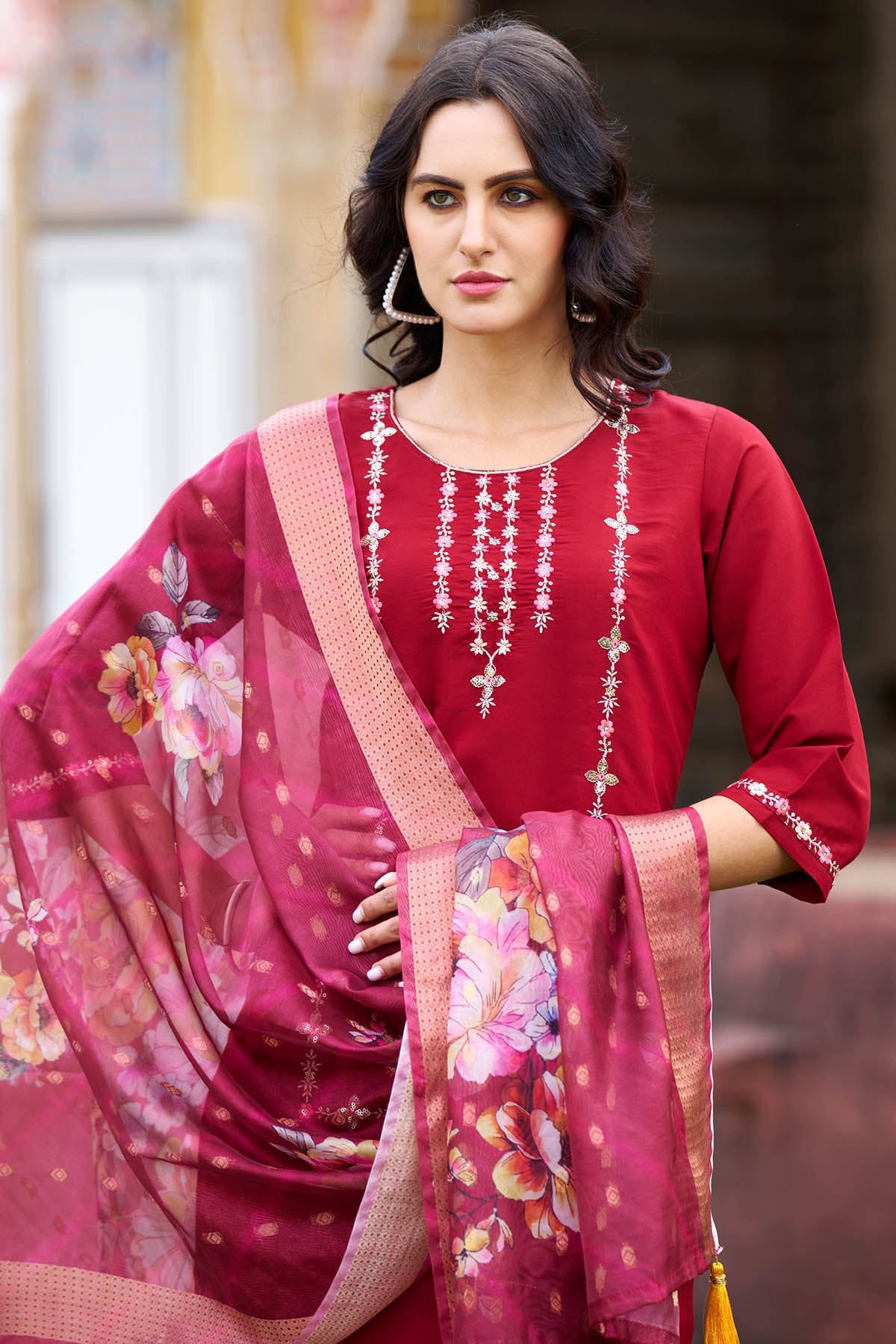 Maroon Viscose Silk Kurta Set