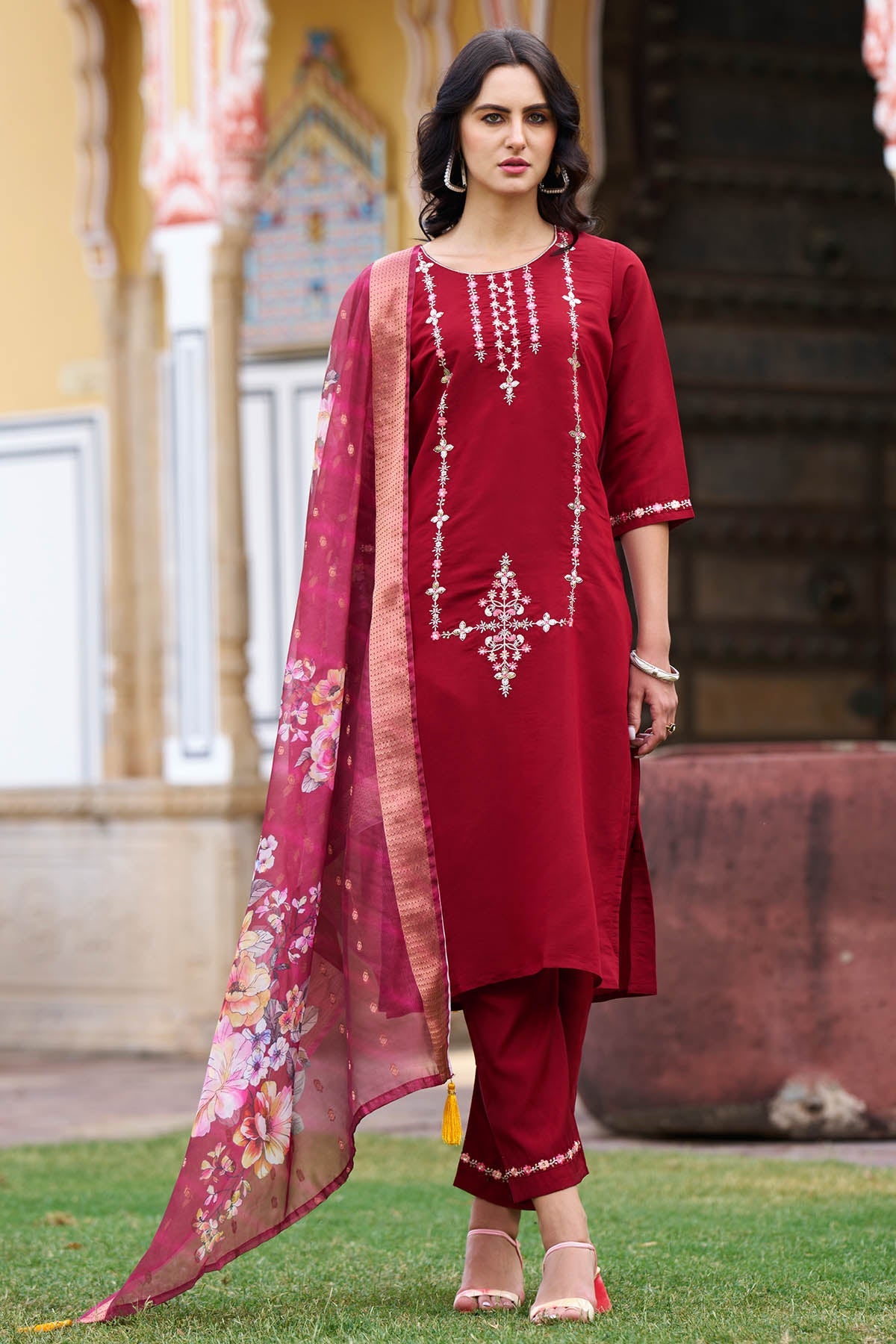Buy Maroon Viscose Silk Kurta Set for women by Aastha Fashion online available at scrollnshops