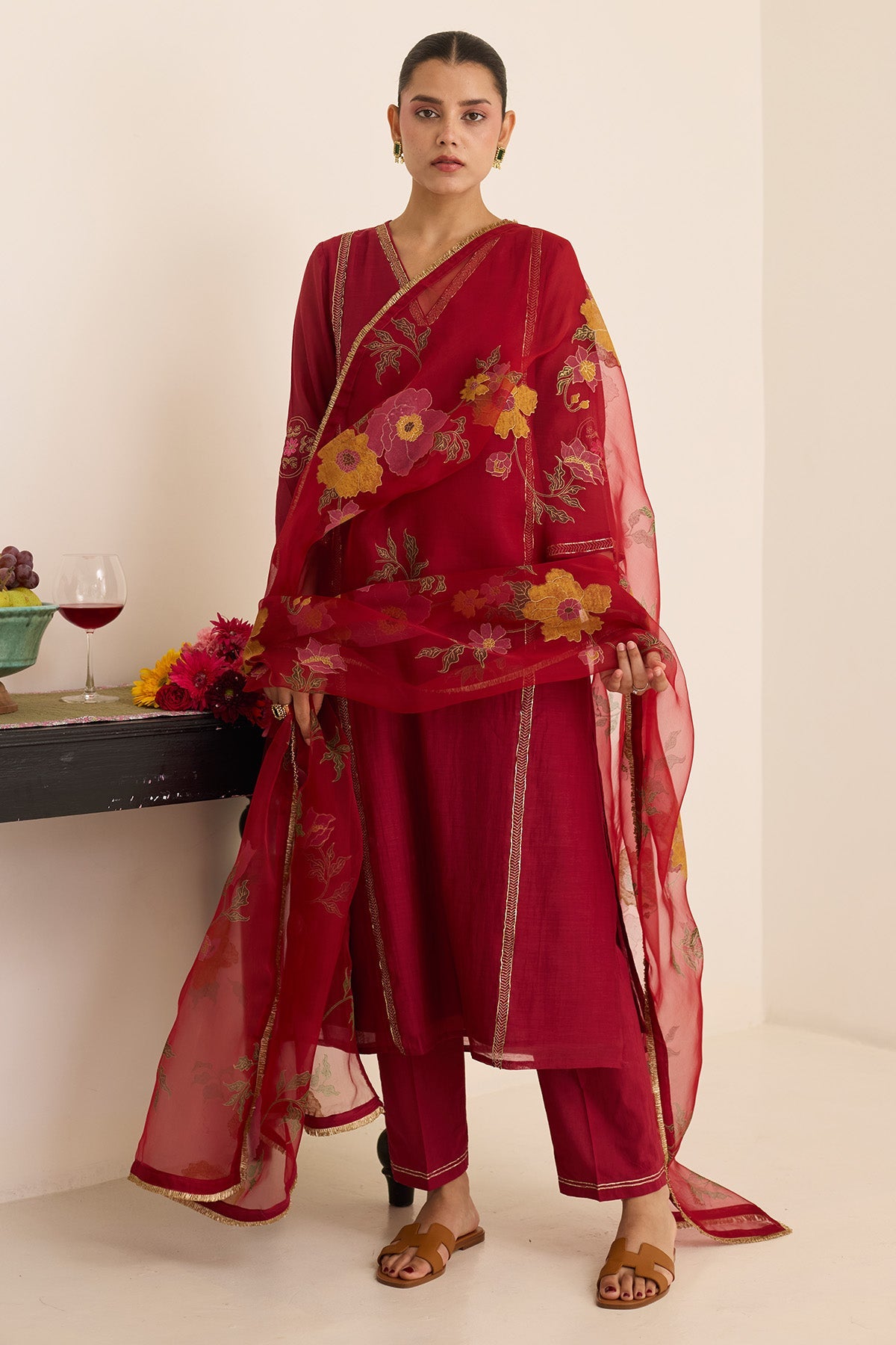 Buy Maroon Zari Chanderi Kurta Set by Juanita For women Online at Scrollnshops