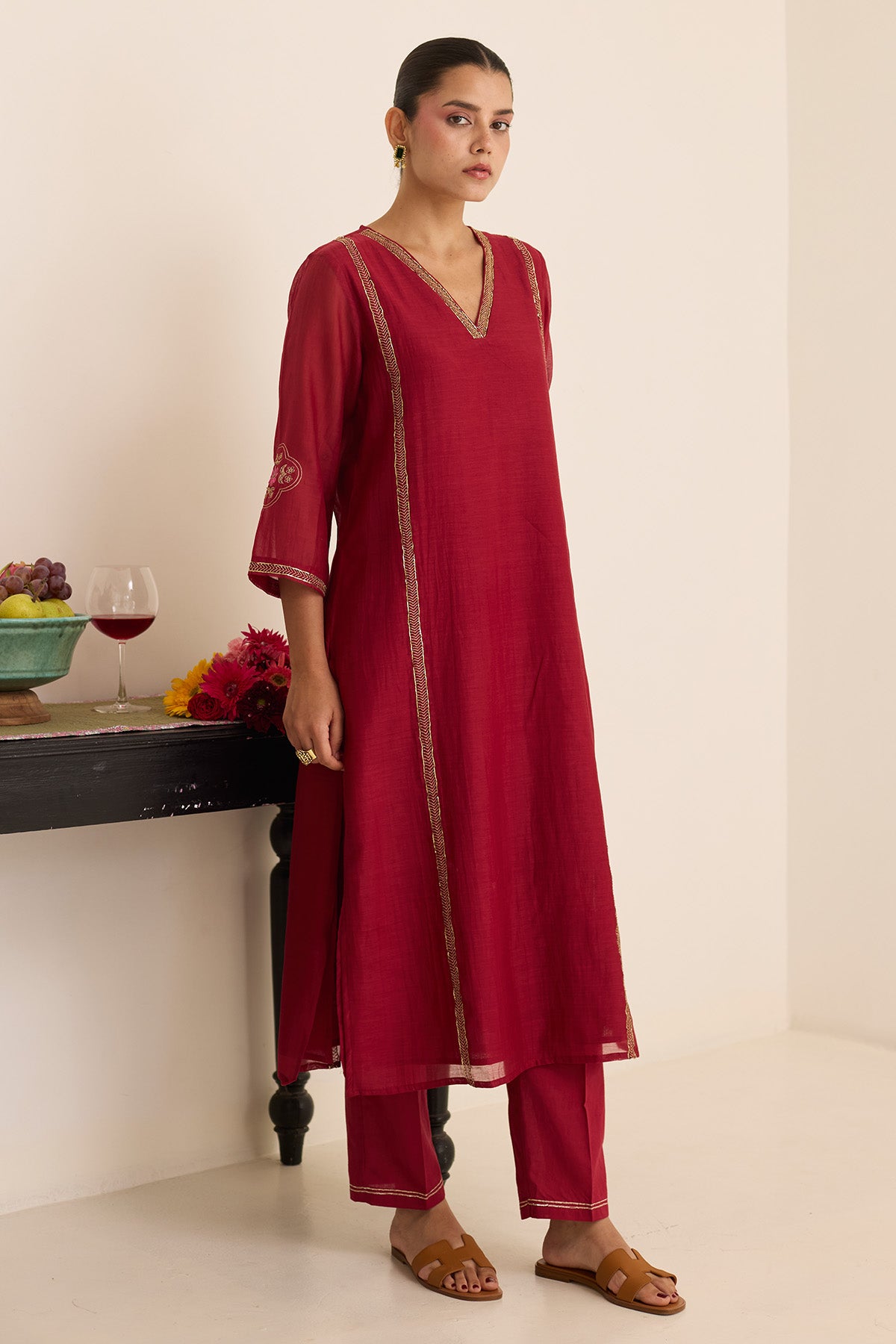 Maroon Zari Chanderi Kurta Set