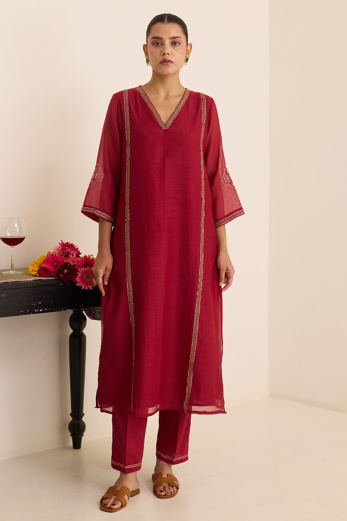 Maroon Zari Chanderi Kurta Set