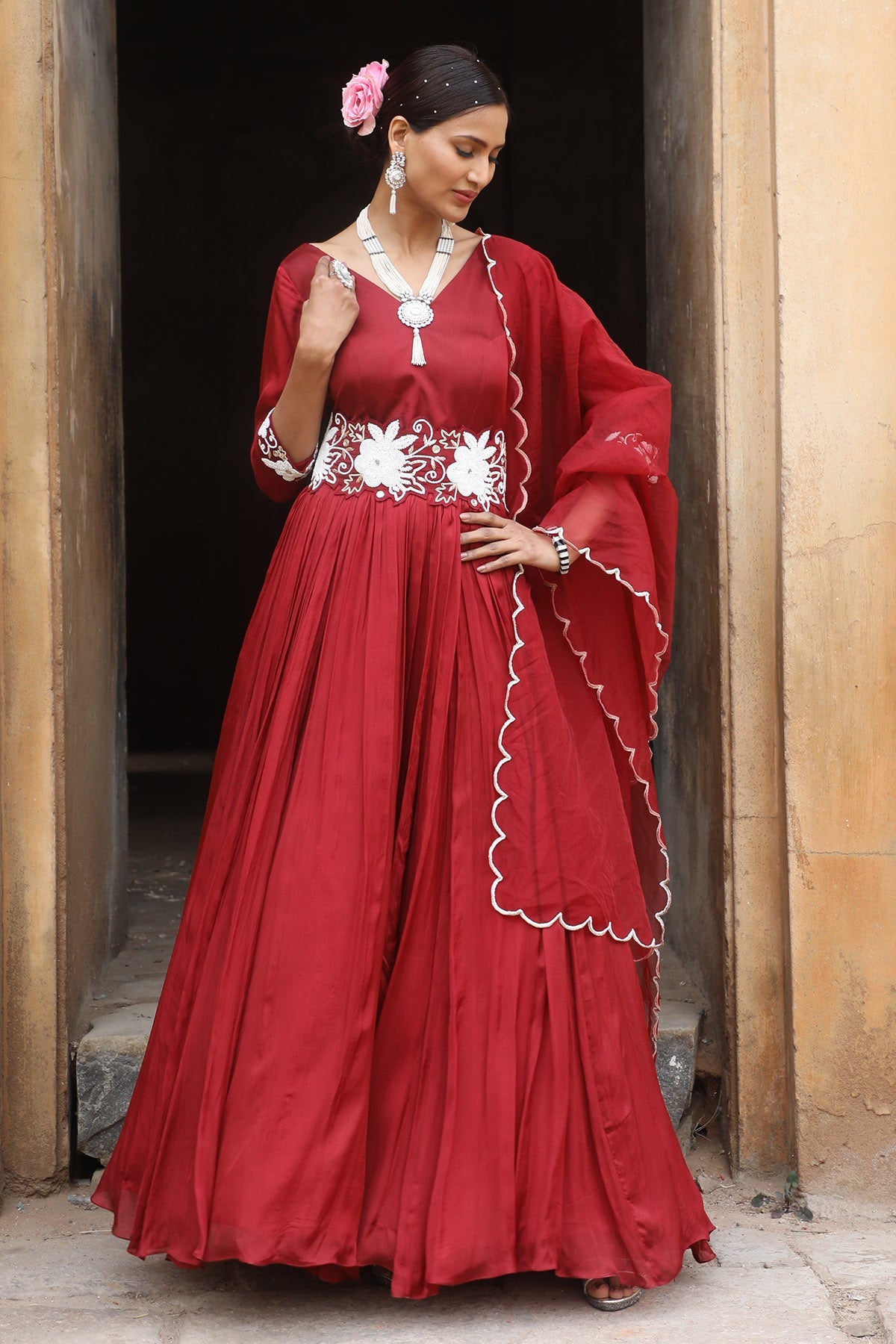 Buy Maroon Zari Work Anarkali Set by Nitisha Kashyap for women online at ScrollnShops