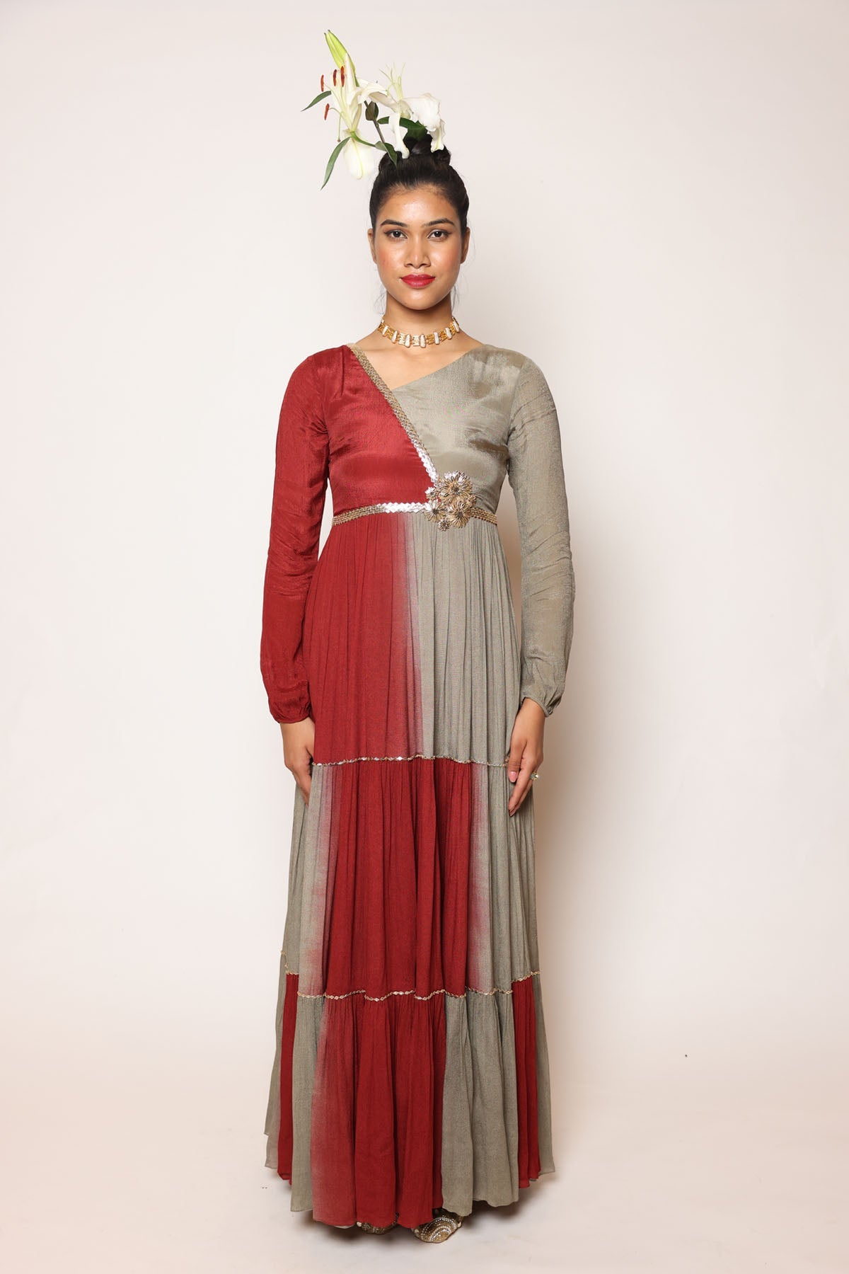 Maroon & Grey Tiered Dress at ScrollnShops