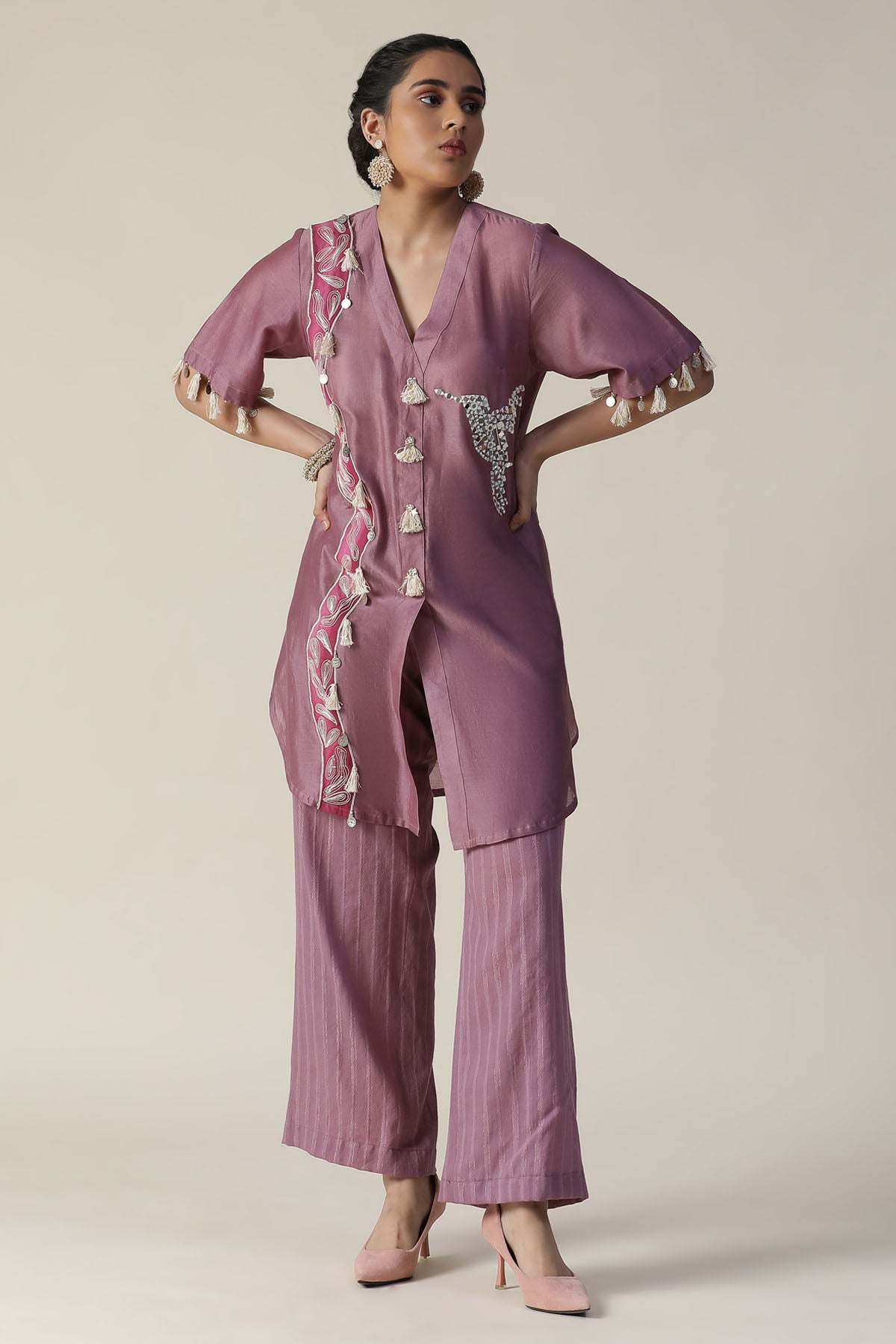 Mauve Bird Motif Kurta & Pants