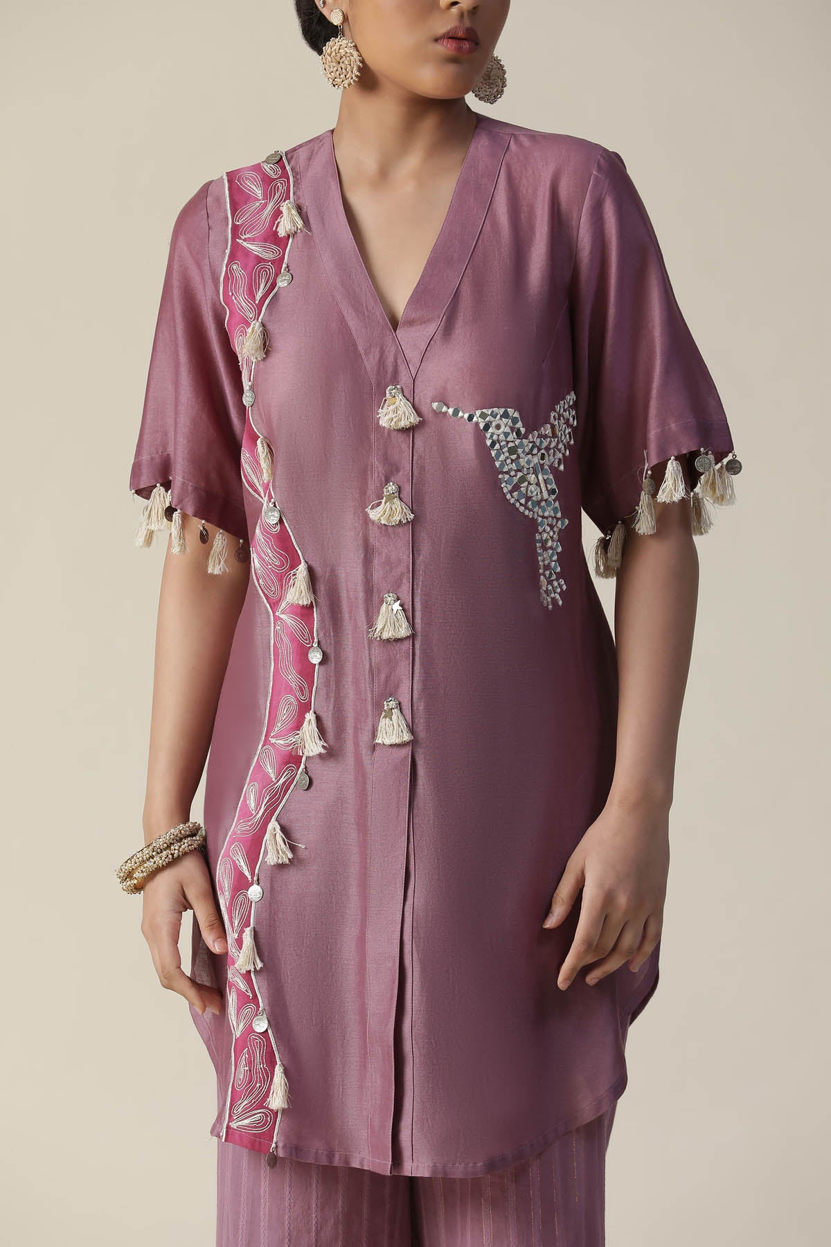 Mauve Bird Motif Kurta & Pants