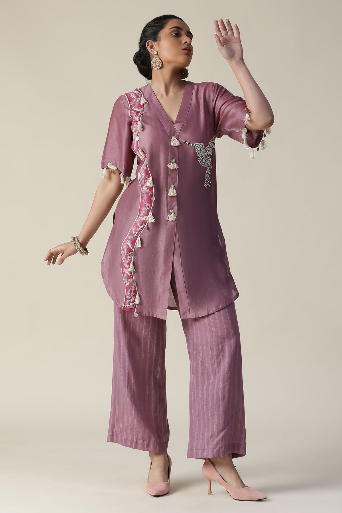 Mauve Bird Motif Kurta & Pants