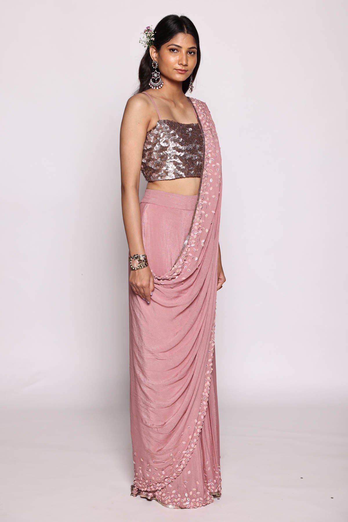 Mauve Sequins Pre Drape Saree Set