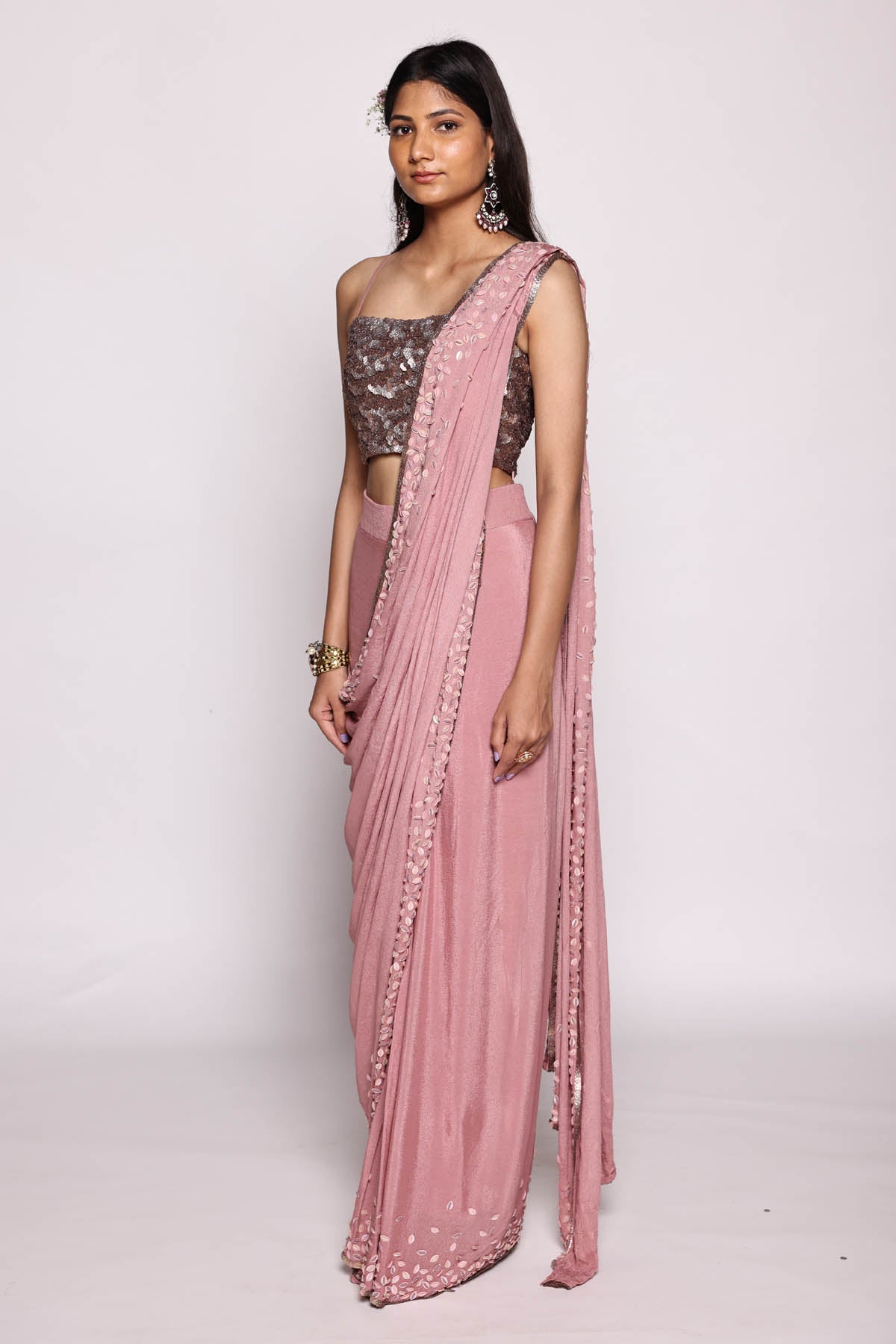 Mauve Sequins Pre Drape Saree Set