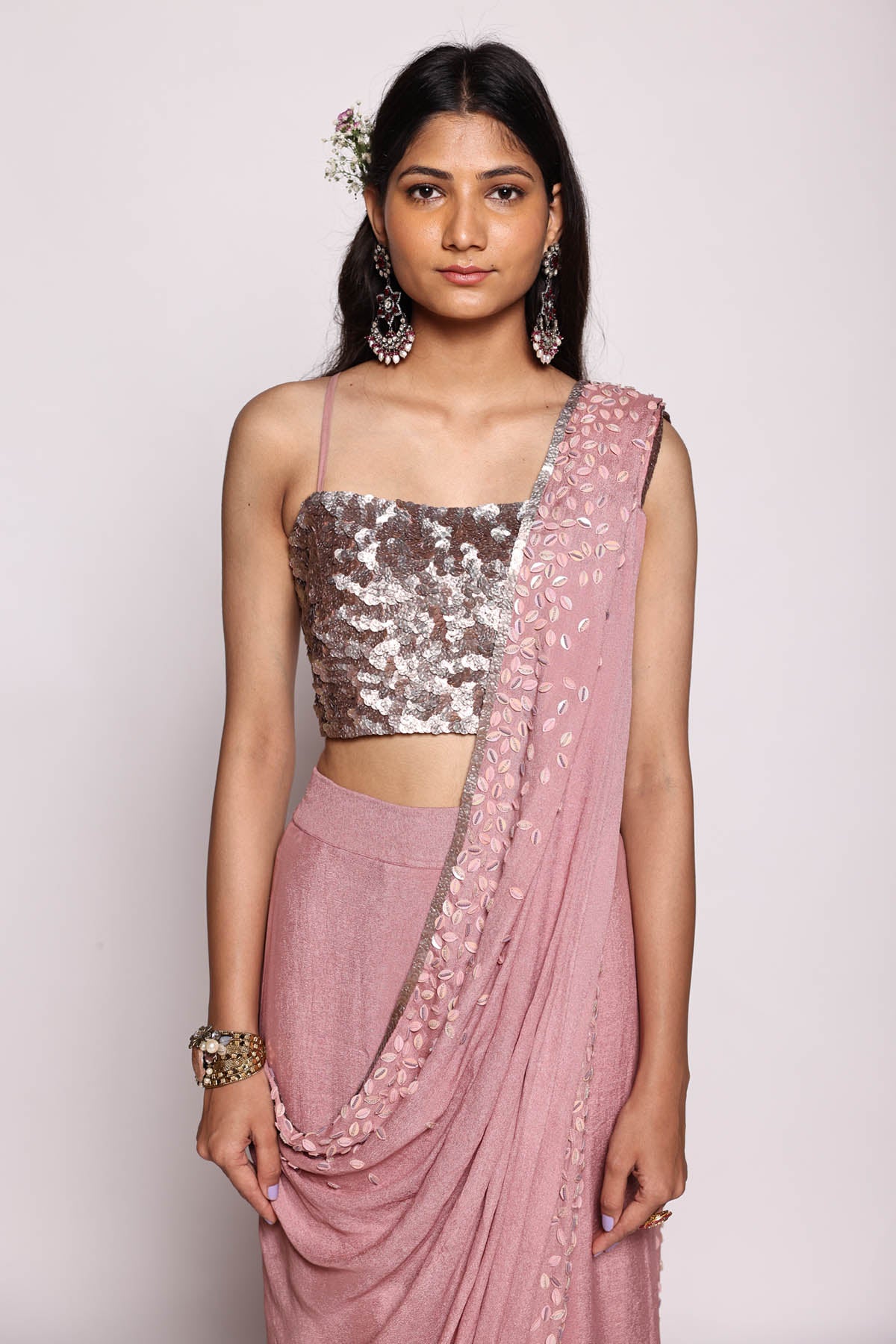 Mauve Sequins Pre Drape Saree Set