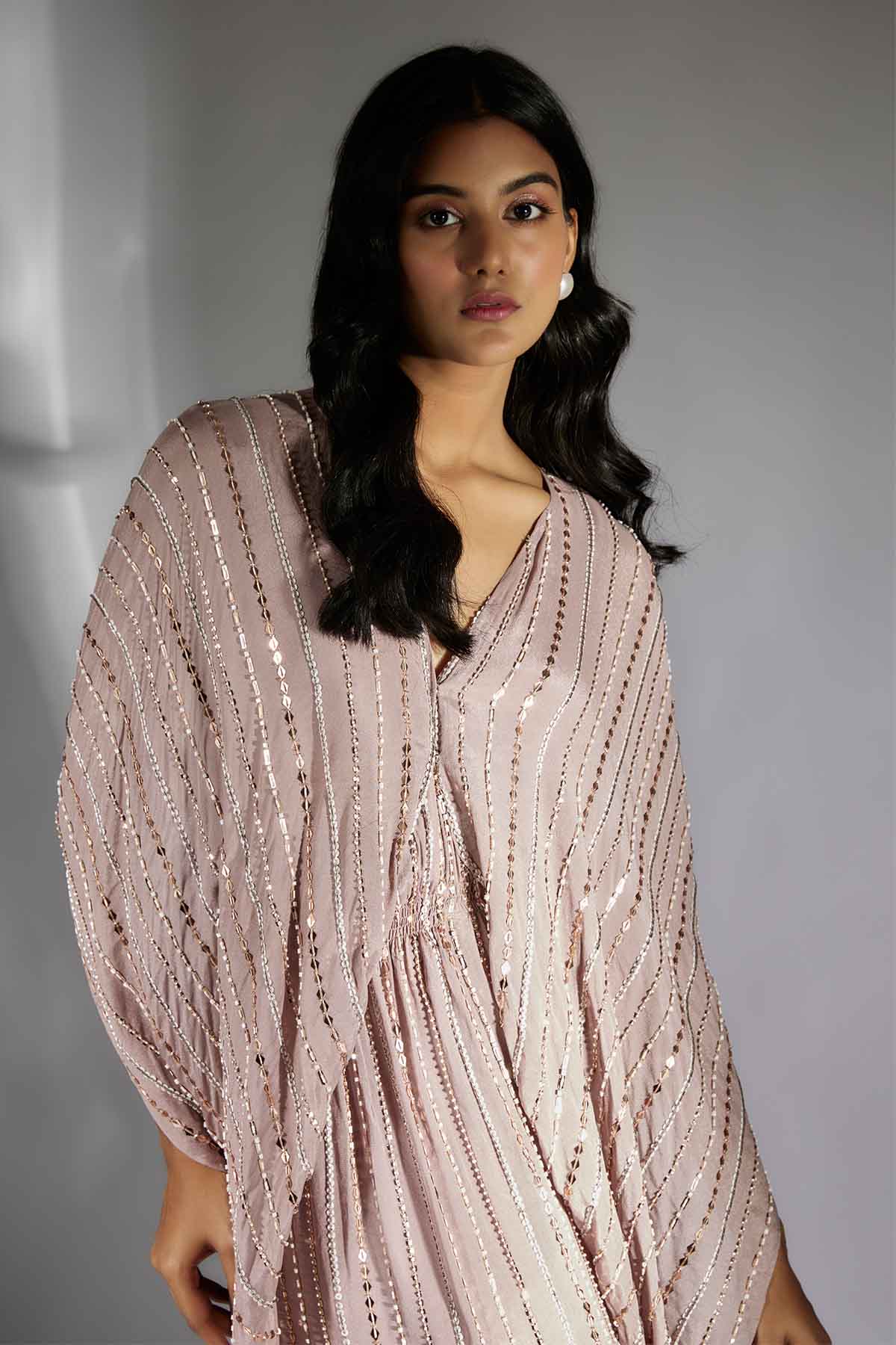 Mauve Embroidered Drape Dress