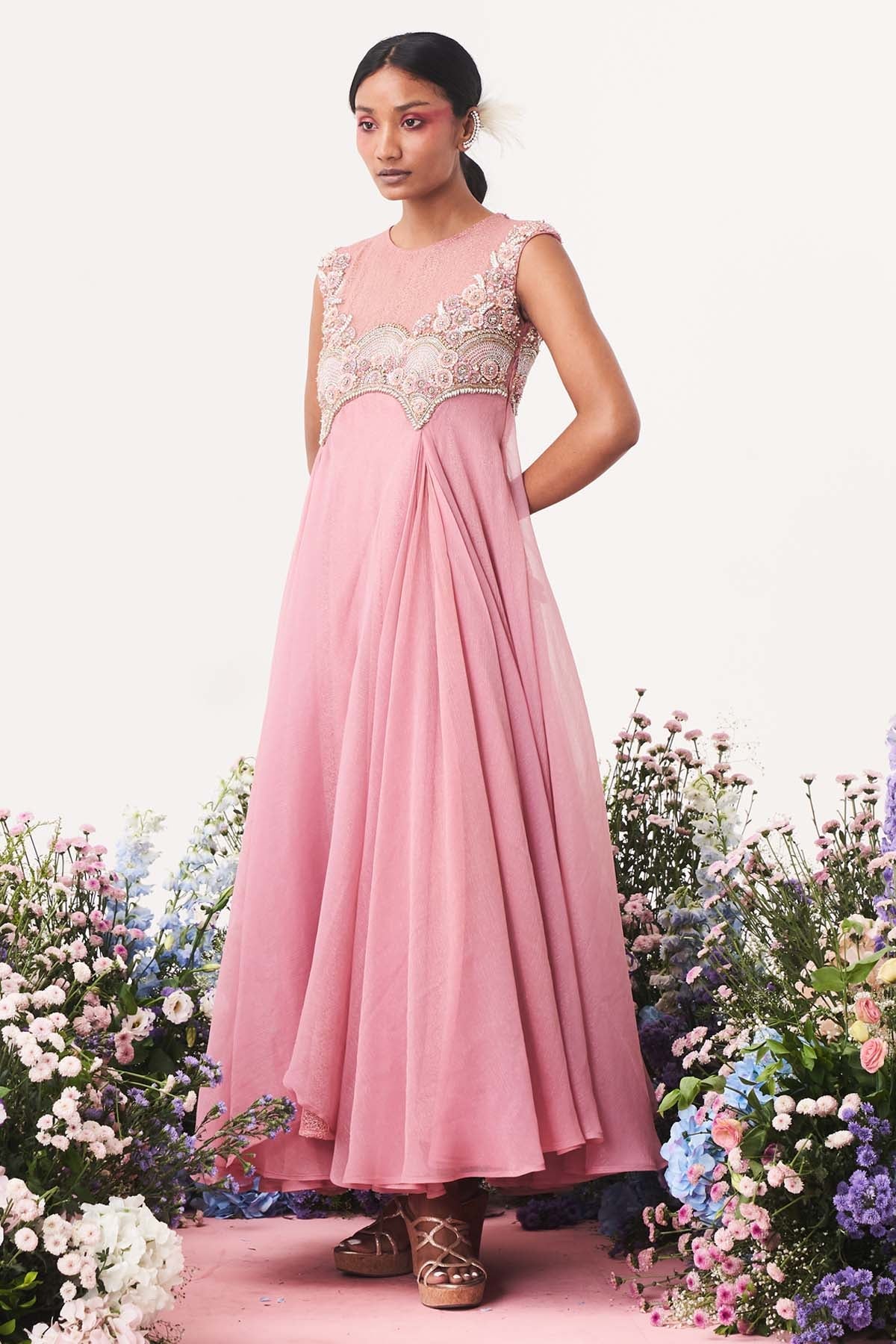 Seharre Mauve Embroidered Flare Gown for women online at ScrollnShops