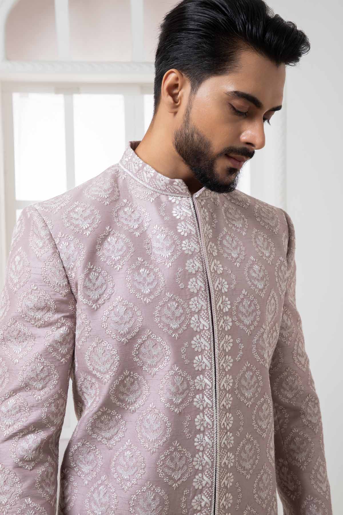 Mauve Embroidered Sherwani Set