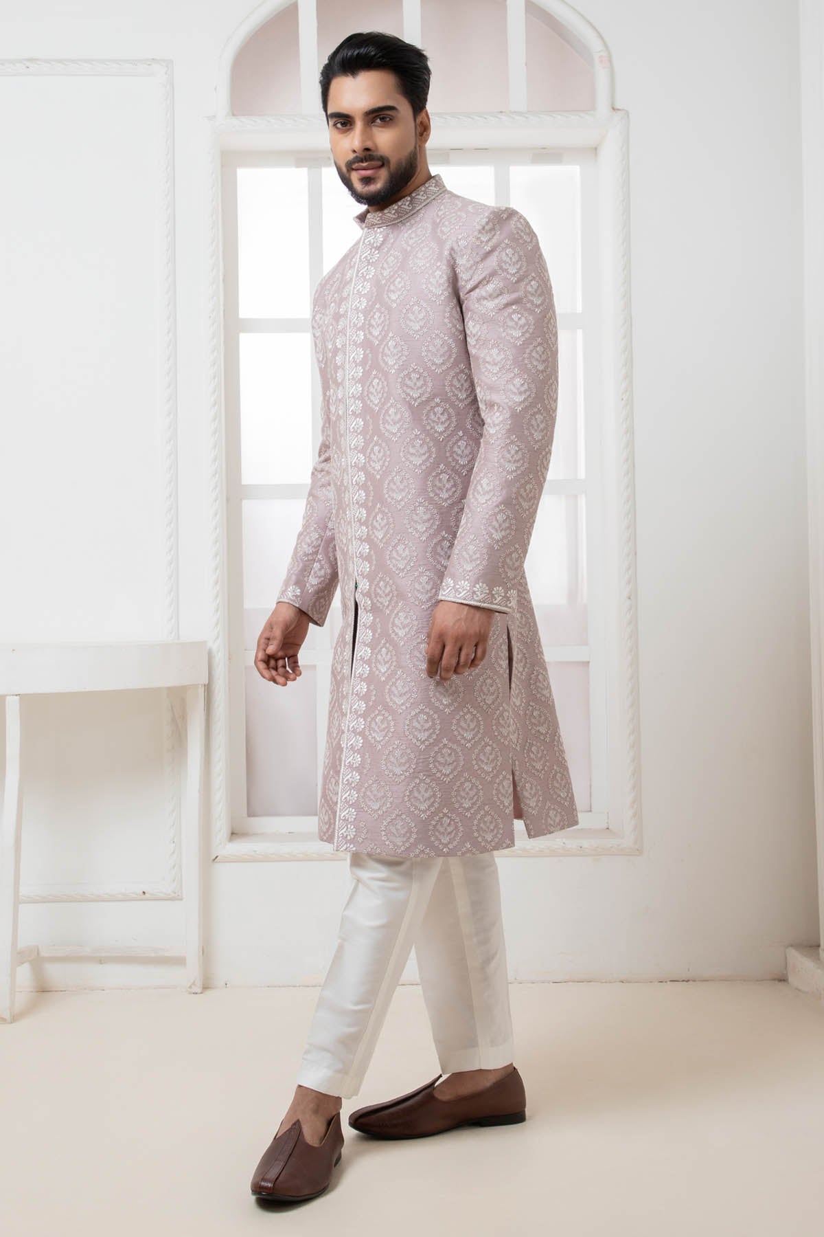 Mauve Embroidered Sherwani Set