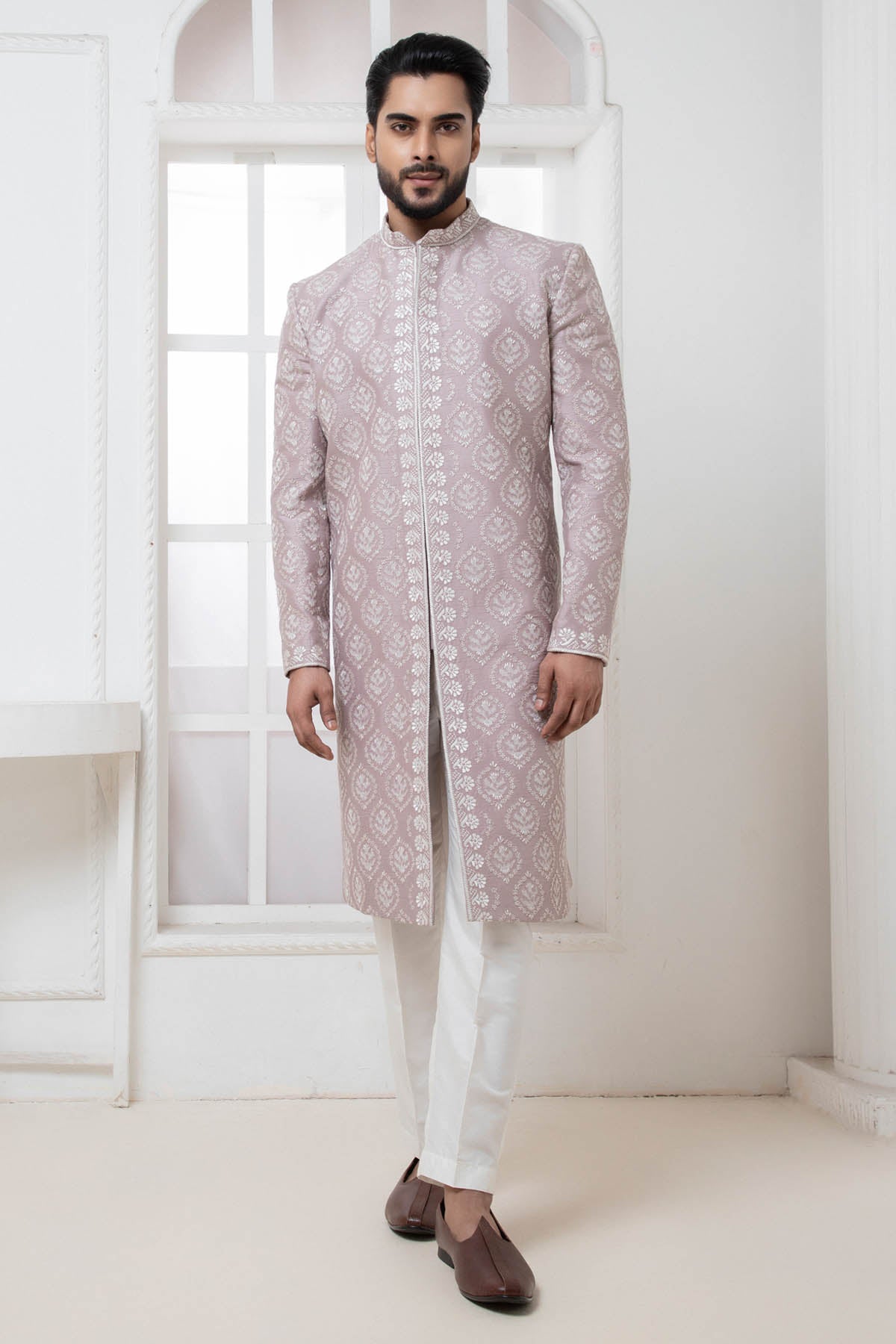Buy Mauve Embroidered Sherwani Set Online