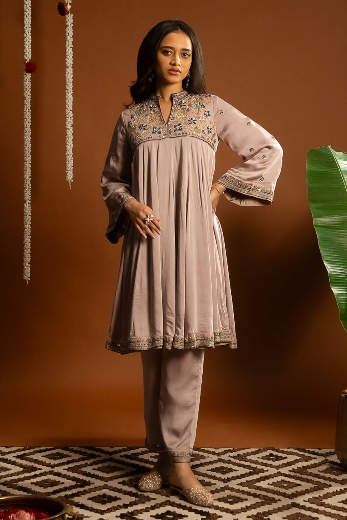 Mauve Flared Short Kurta Set