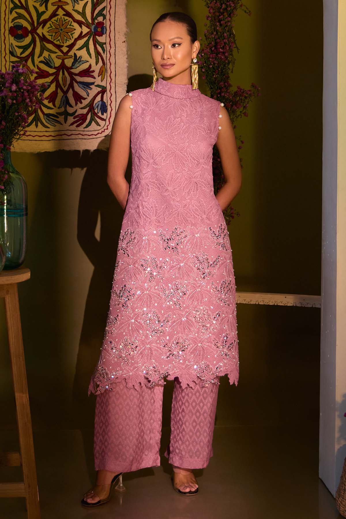 Aishwarya Tyagi Mauve Mirror Work Kurta Set for women online at ScrollnShops