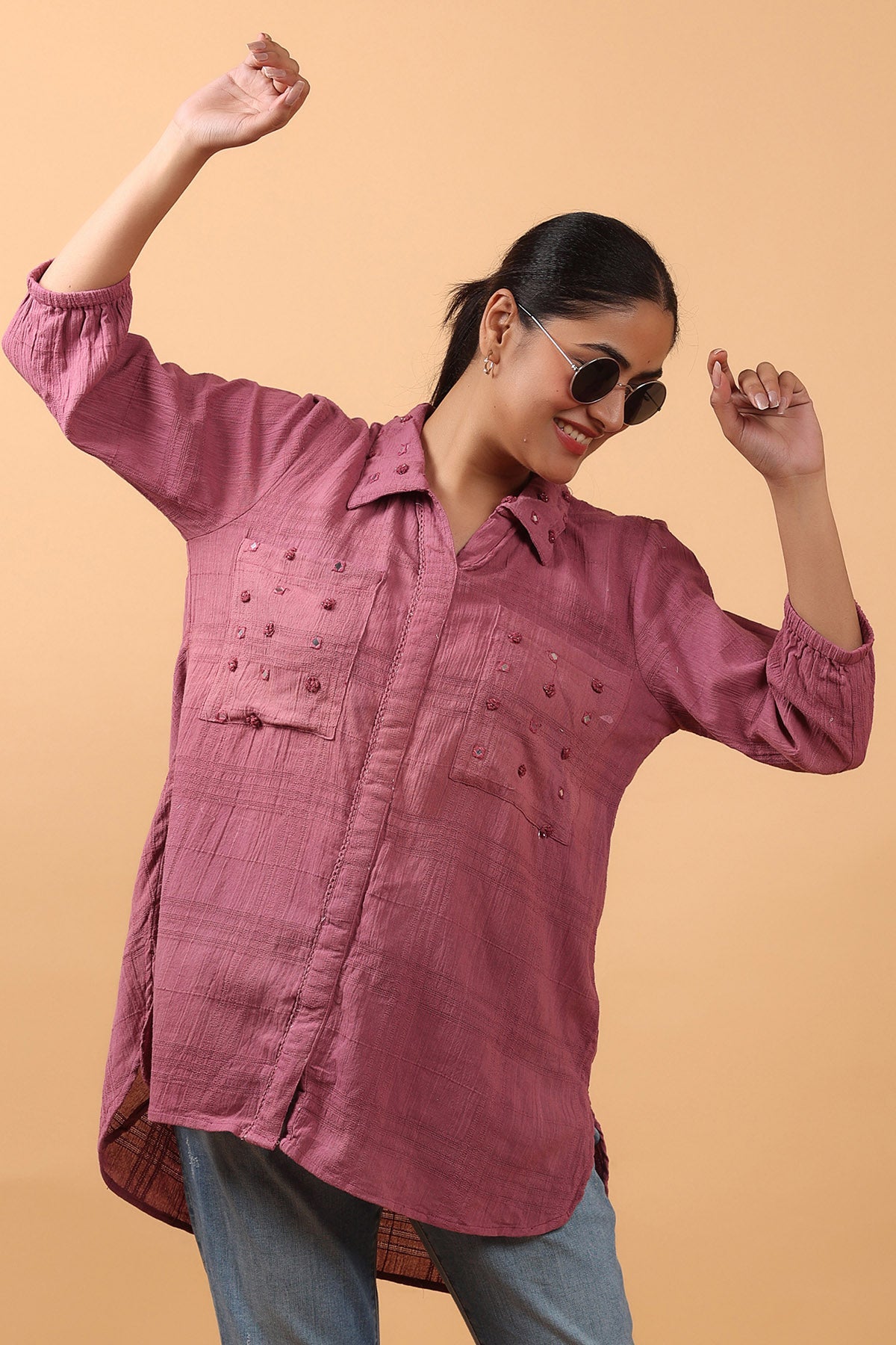 Buy Mauve Mirror Work Long Shirt by OSKOS for women online at ScrollnShops