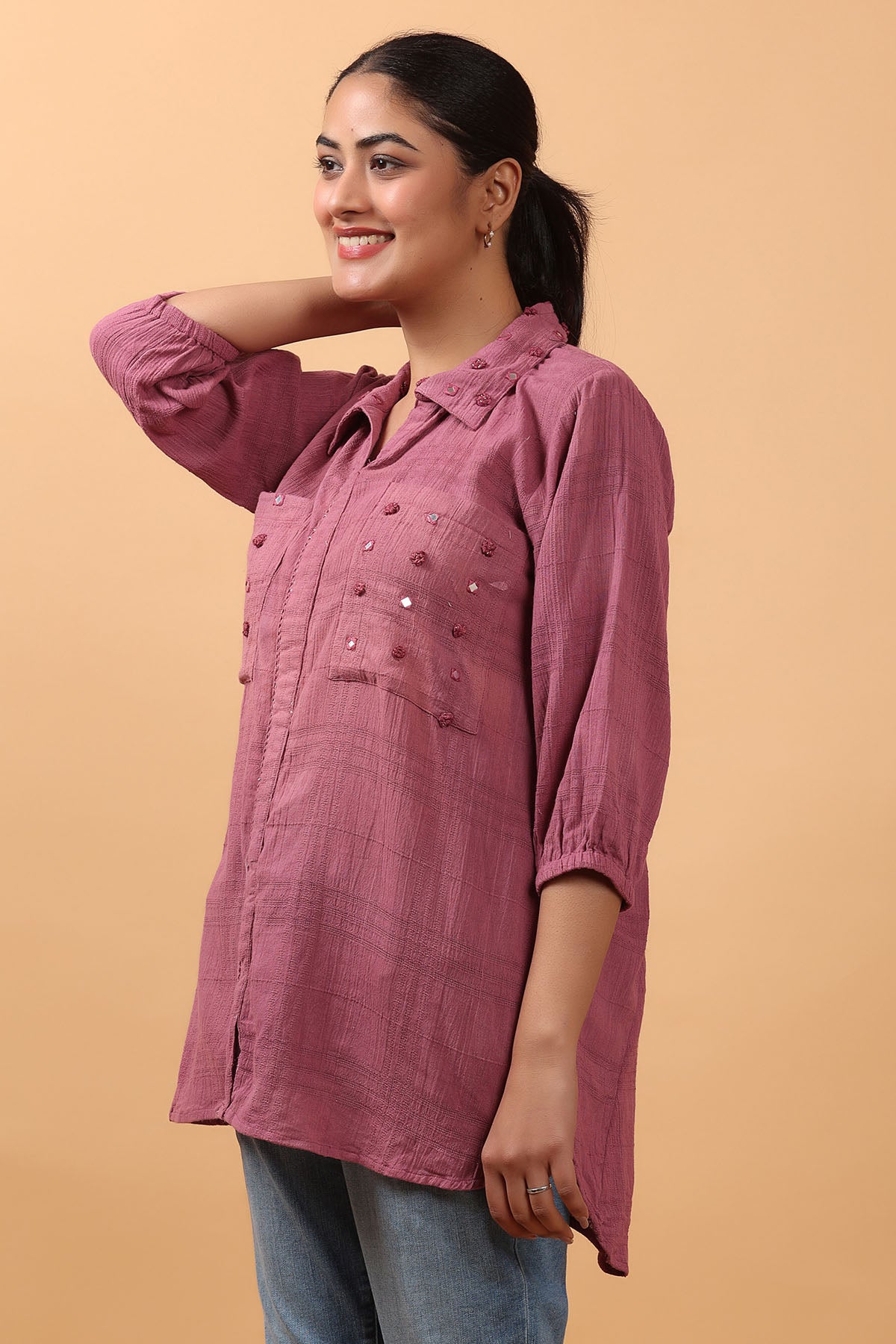 Mauve Mirror Work Long Shirt