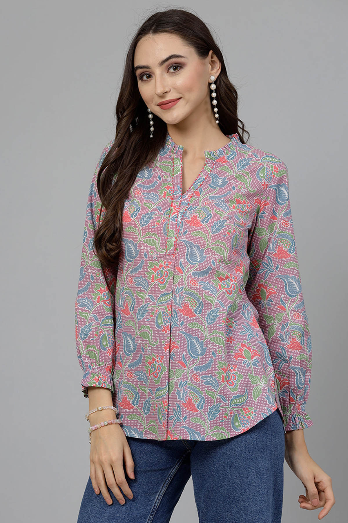 Buy Mauve Printed Shirt Style Top for Women by Qomn Designer online available at scrollnshops