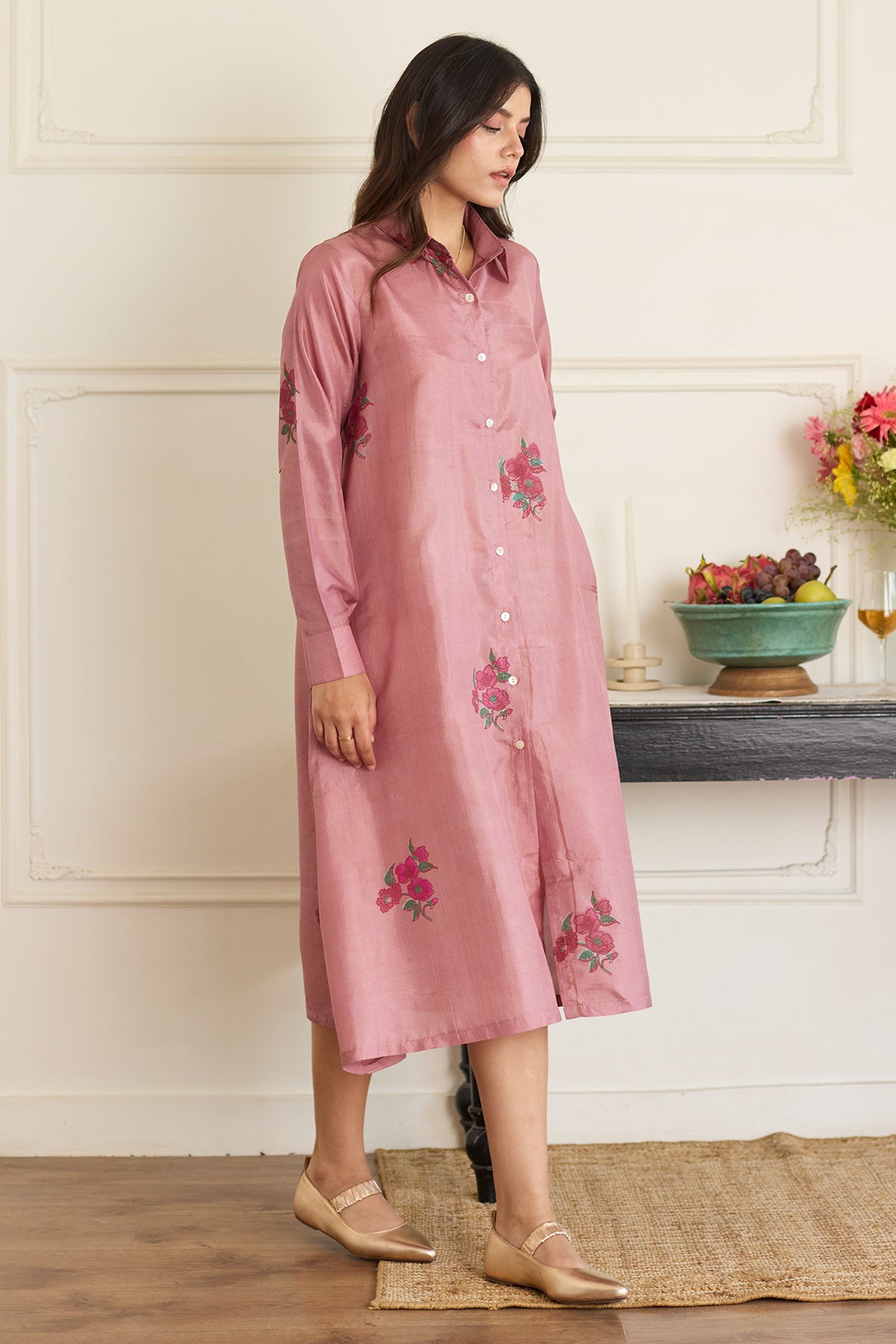Mauve Silk Printed Shirt Dress