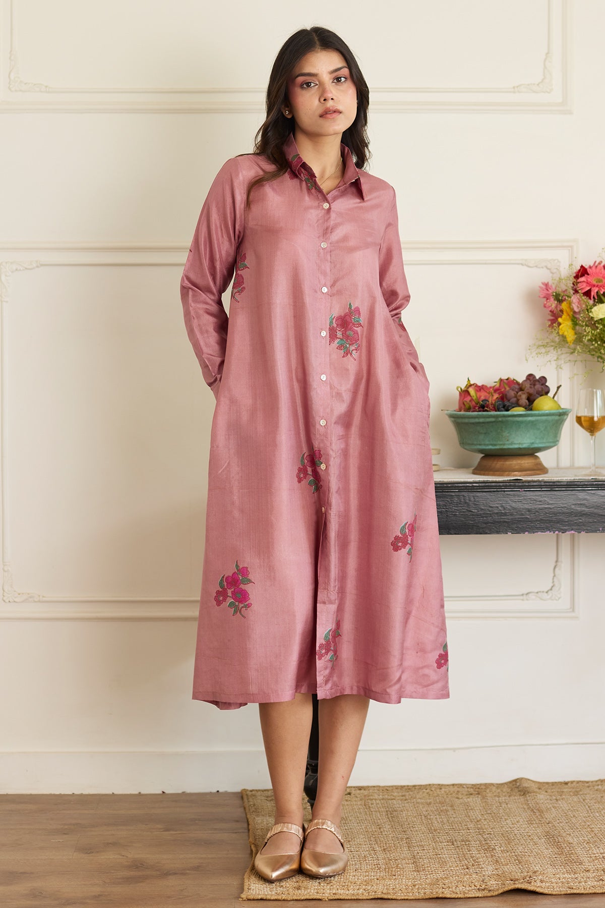 Buy Mauve Silk Printed Shirt Dress by Juanita For women Online at Scrollnshops