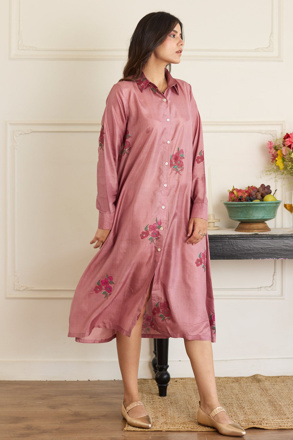 Mauve Silk Printed Shirt Dress