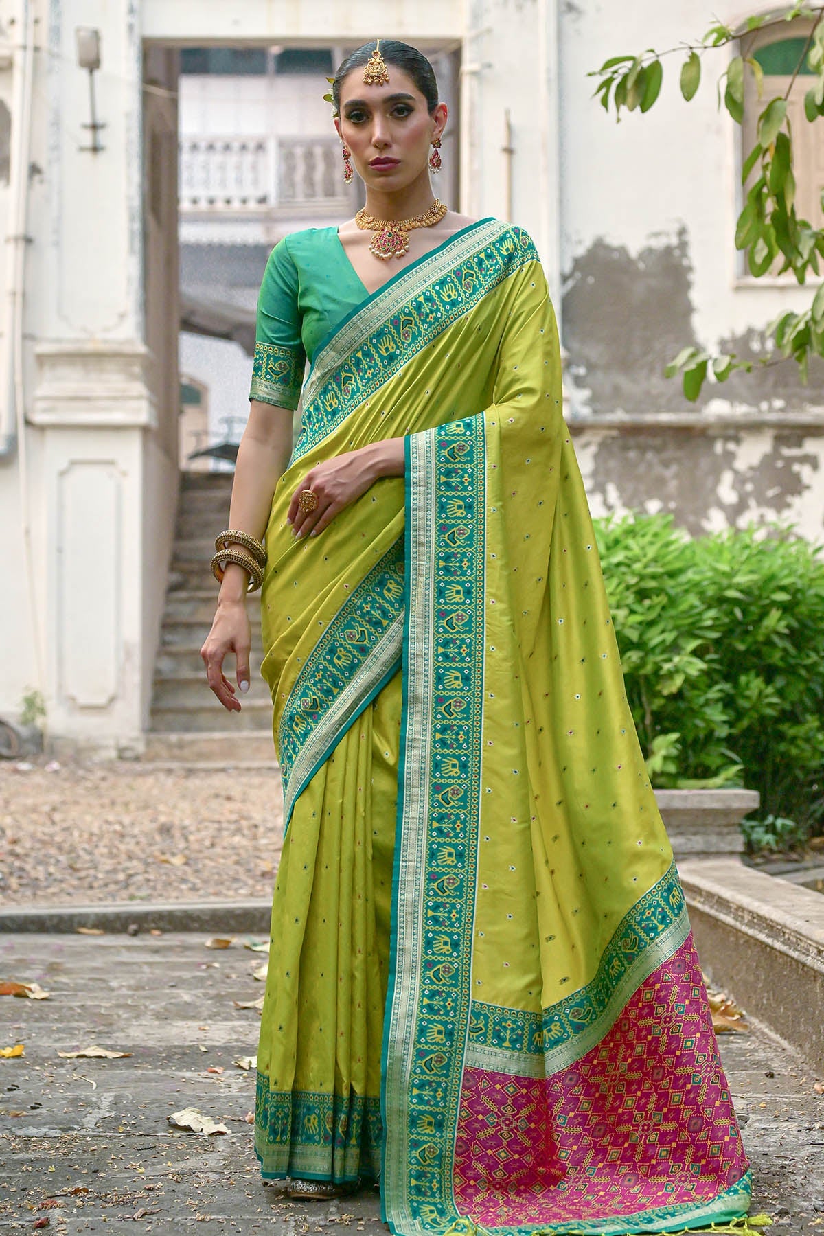 Buy Mehendi Banarasi Silk Saree by Lili Lala for women online at ScrollnShops