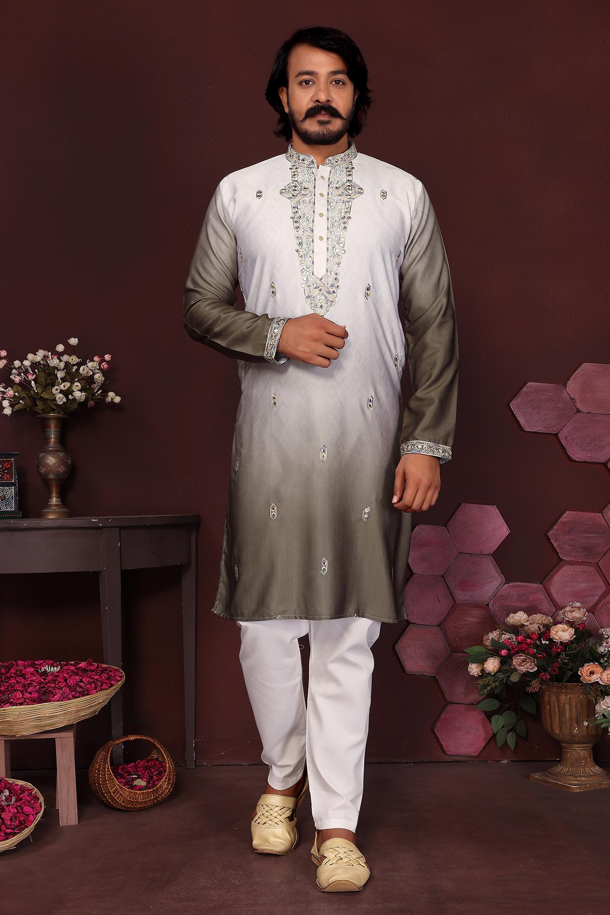 Buy Mehendi Cotton Silk Kurta Pants for men by Jyoti Fashion online available at scrollnshops