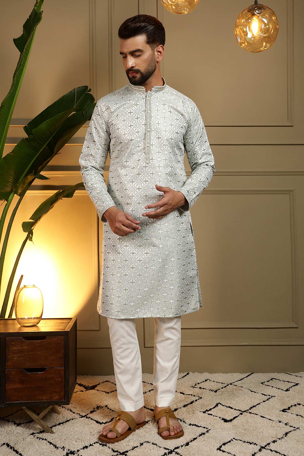 Buy Mehendi Jacquard Kurta & Pants for men by Jyoti Fashion online available at scrollnshops