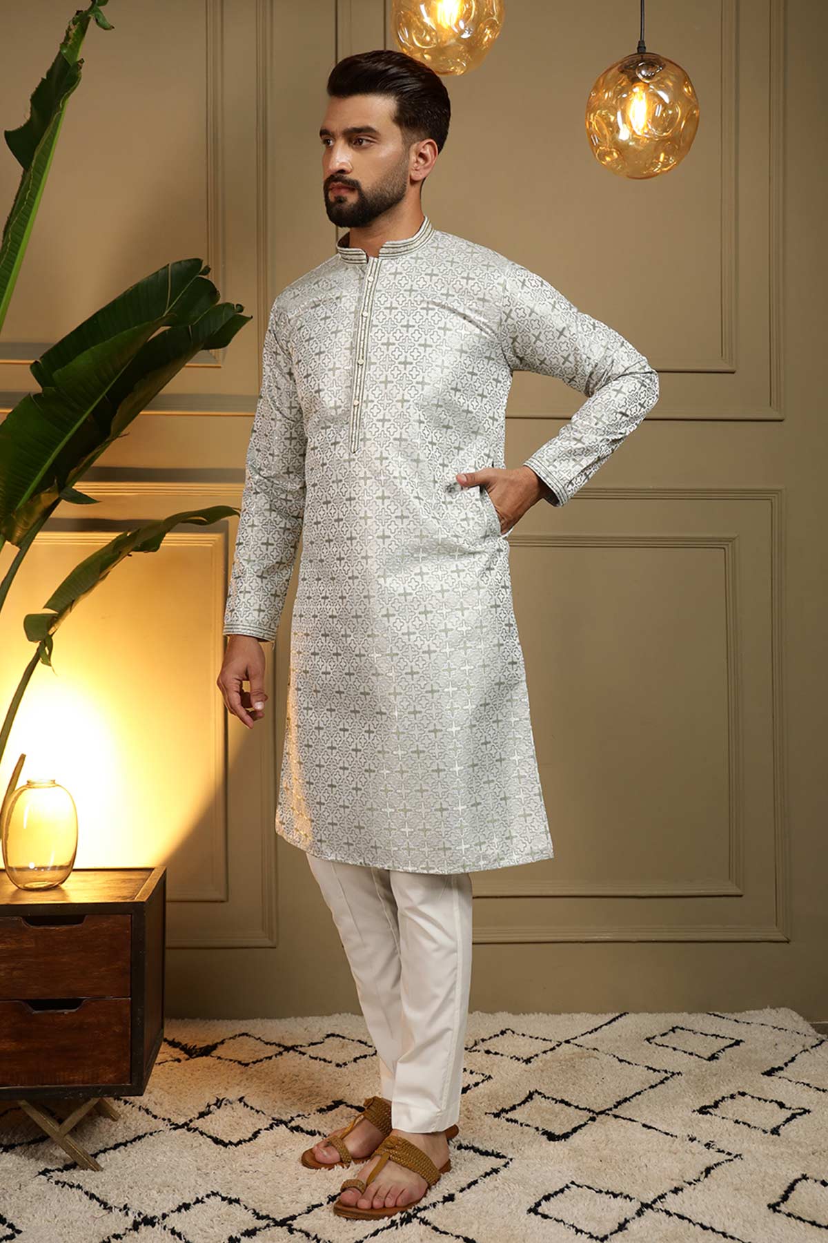 Mehendi Jacquard Kurta & Pants