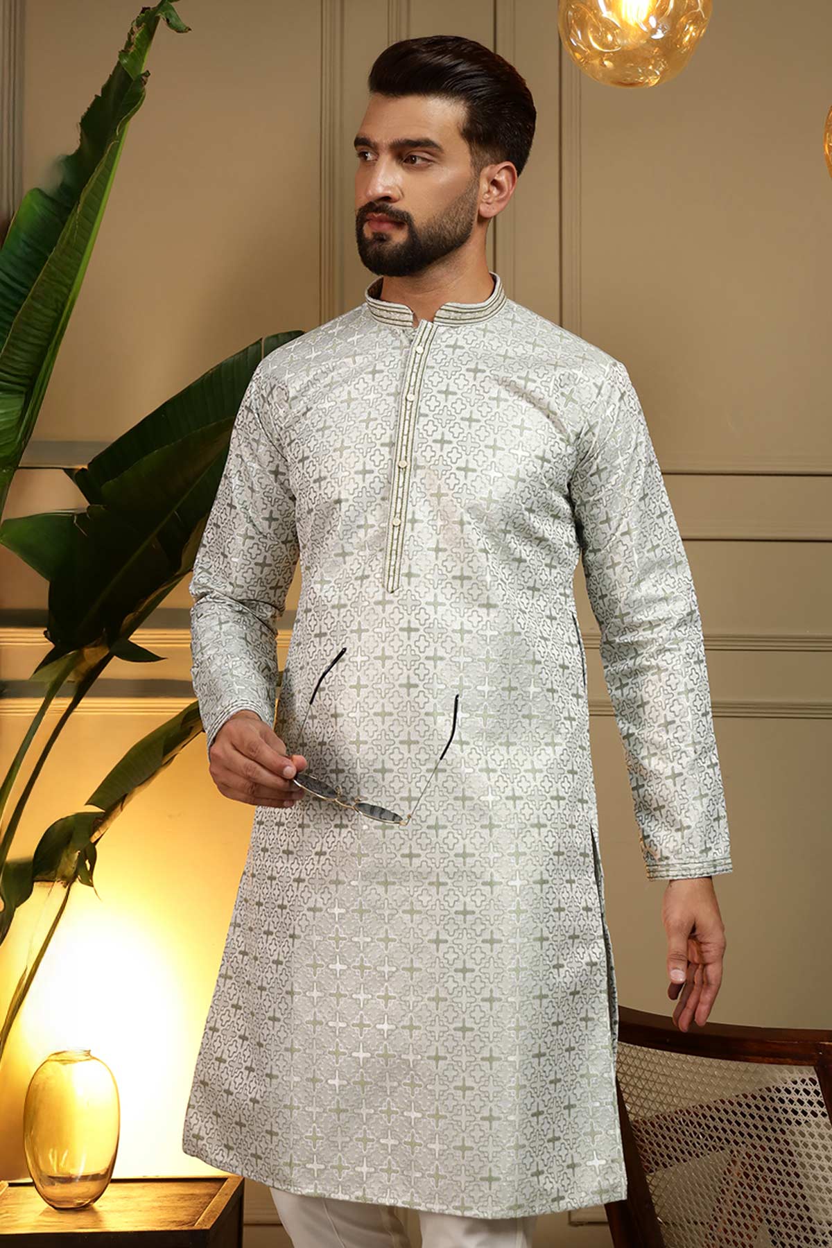 Mehendi Jacquard Kurta & Pants