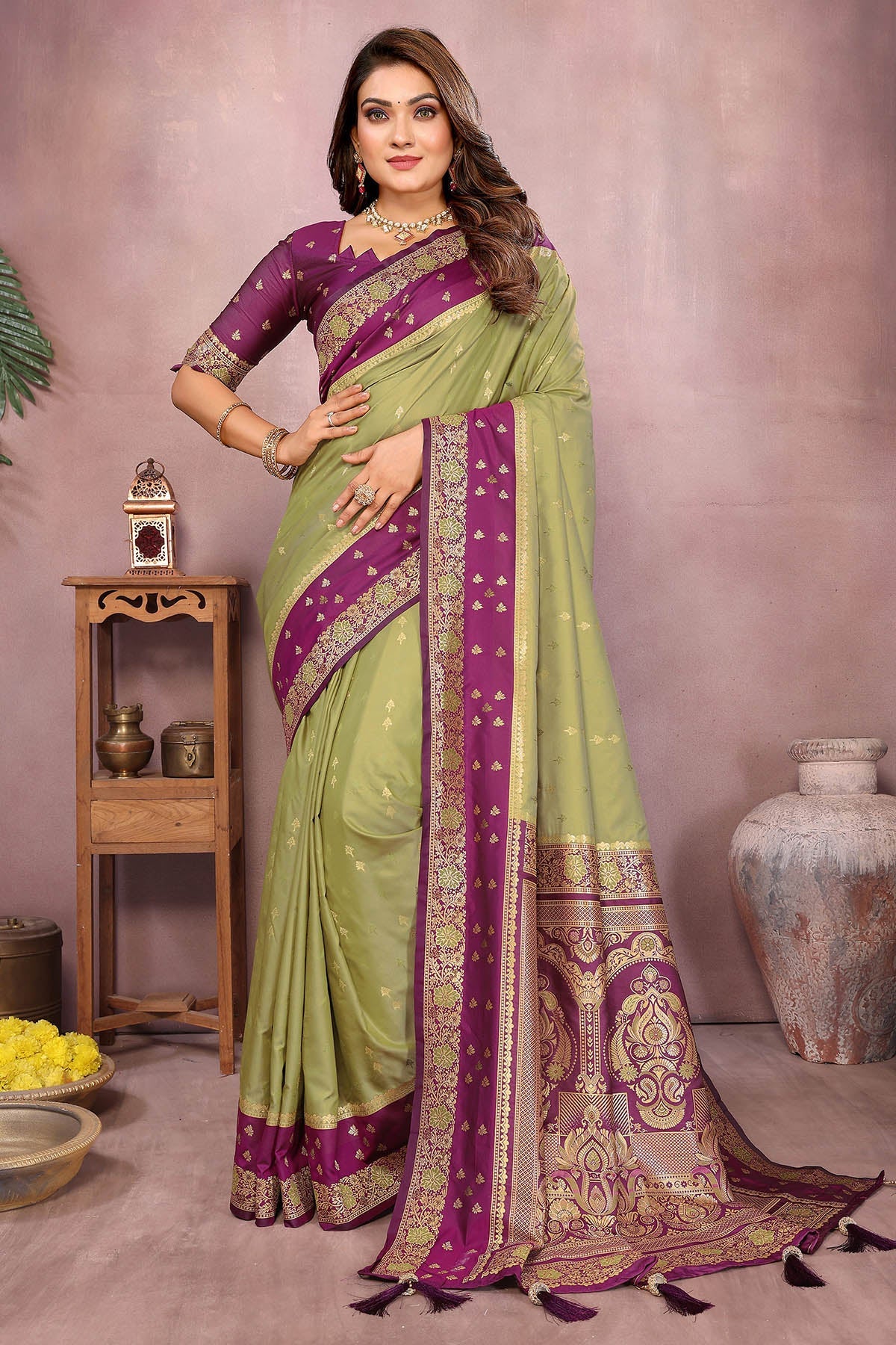 Buy Mehendi Kalamkari Silk Saree for women by Aastha Fashion online available at scrollnshops