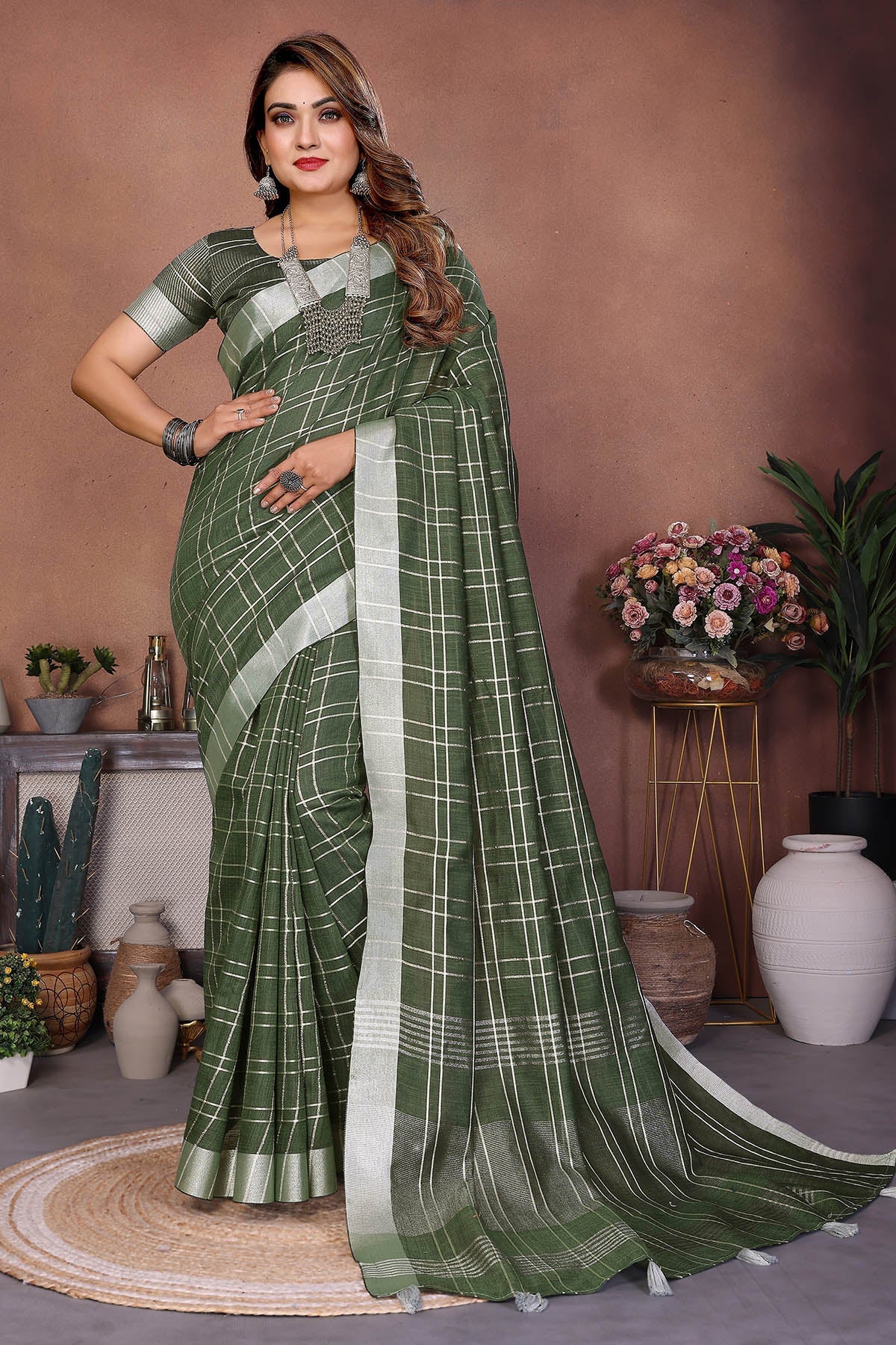 Buy Mehendi Linen Saree And Blouse for women by Aastha Fashion online available at scrollnshops