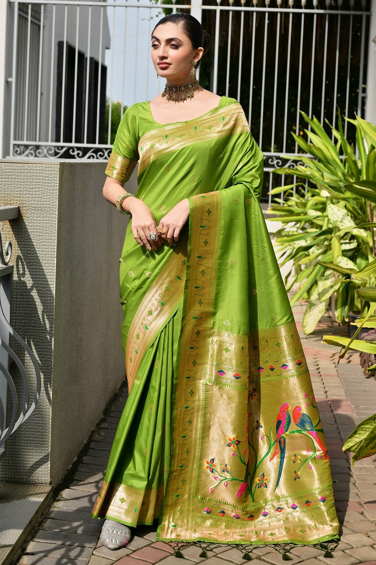 Buy Mehendi Paithani Pallu Saree for women by Lili Lala Designer online available at scrollnshops