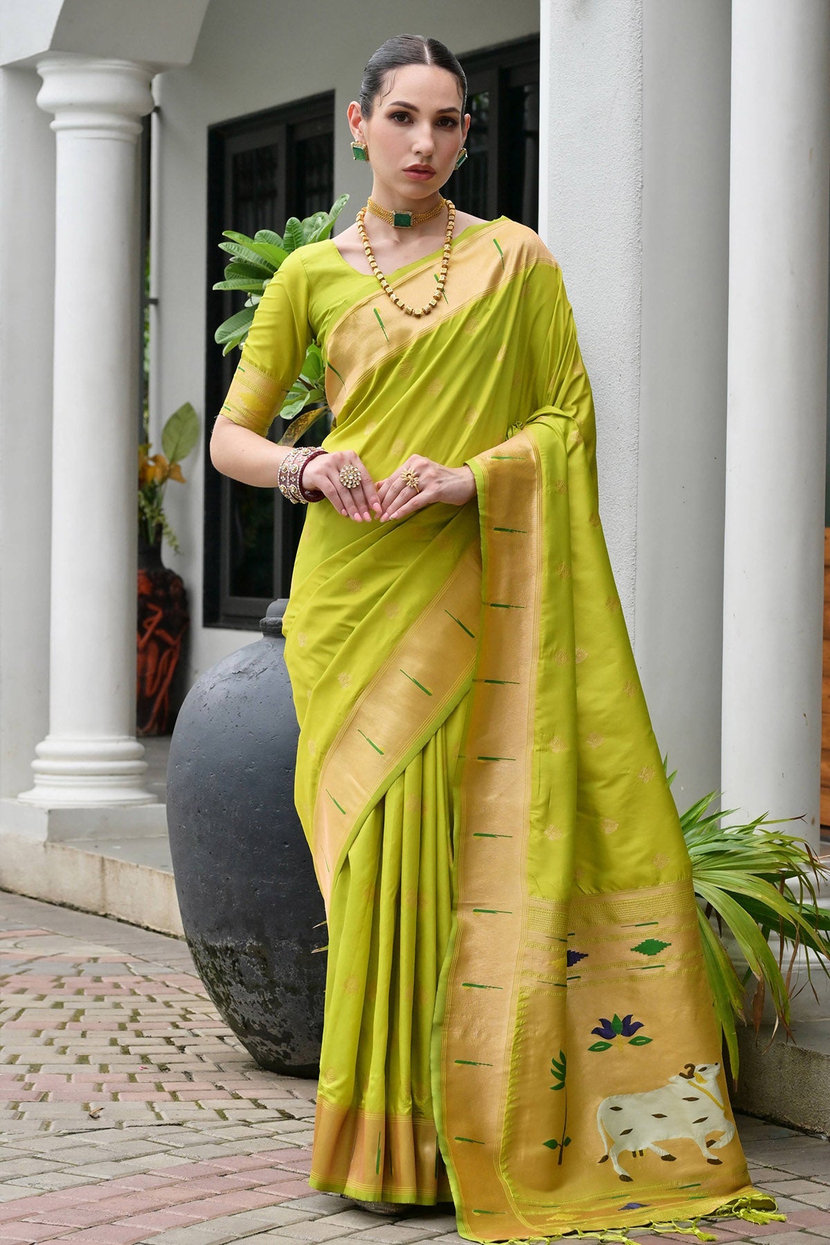 Buy Mehendi Pure Zari Woven Saree for women by Lili Lala Designer online available at scrollnshops