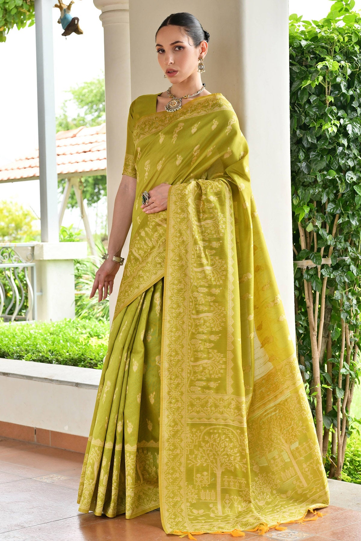 Buy Mehendi Raw Silk Woven Saree for women by Lili Lala Designer online available at scrollnshops